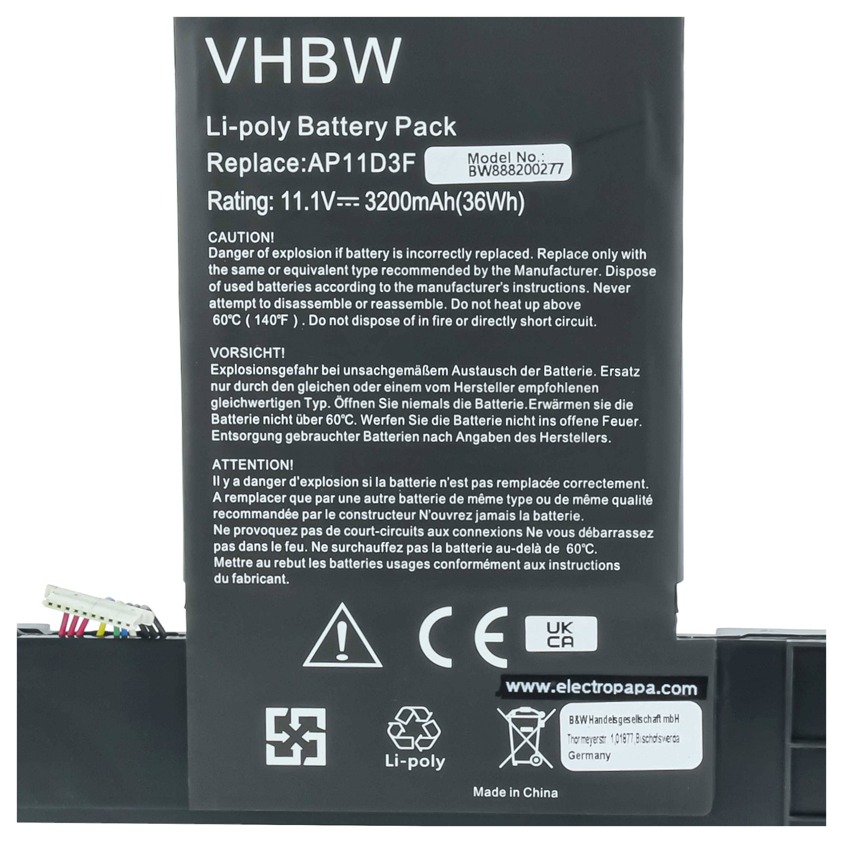 vhbw Akku Ersatz für Acer SN-AC95, BT.00304.010, KB1097 für Notebook (3000 mAh, 11,1 V, Li-Polymer)