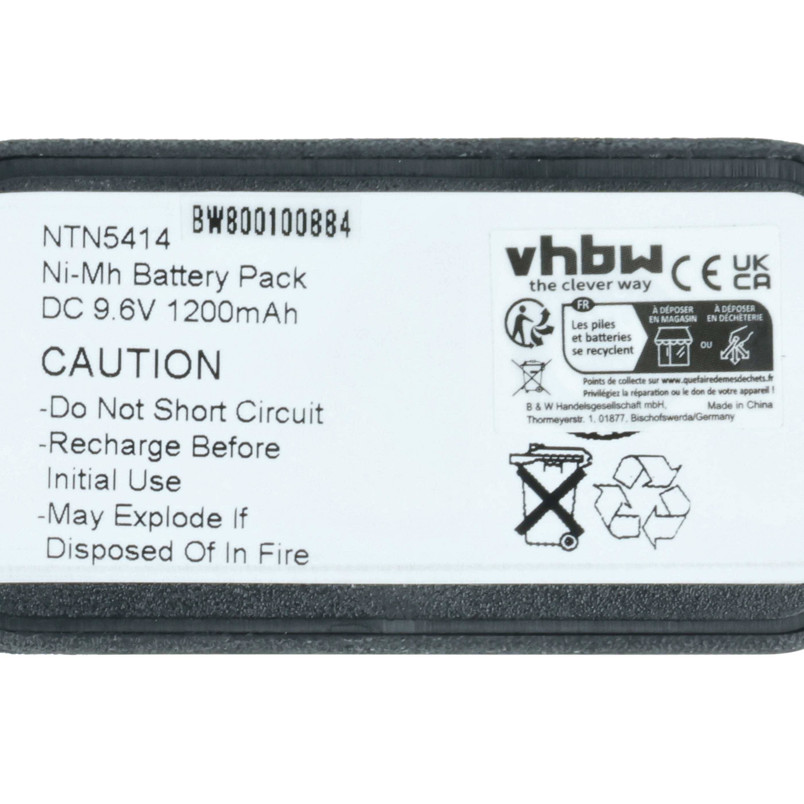 Akkupack-Etikett mit Modell NTN5414, Ni-Mh, 9,6V, 1200mAh. Vorsicht: Nicht kurzschließen, vor Gebrauch aufladen, kann bei Entsorgung im Feuer explodieren.