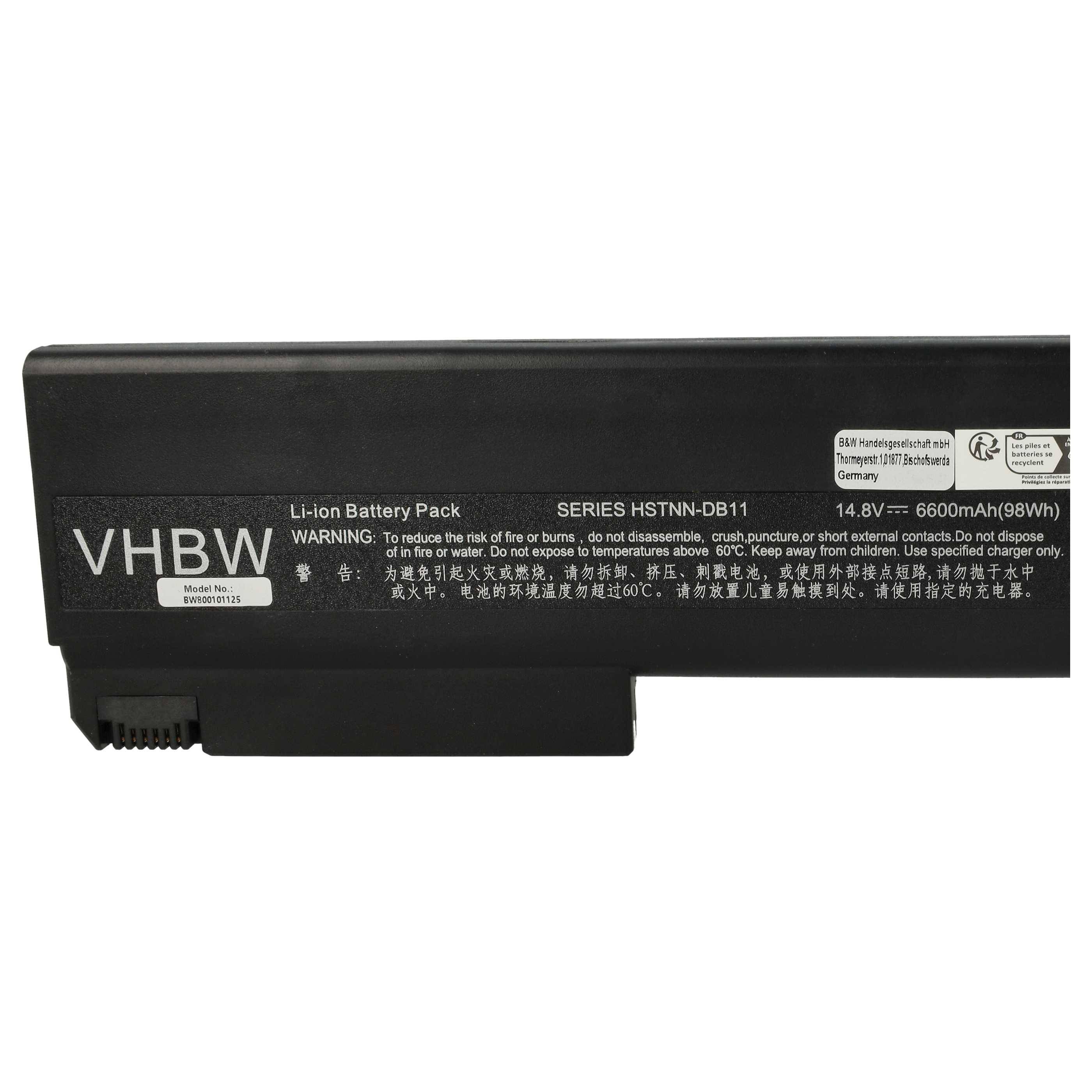 Schwarze Laptop-Batterie mit der Bezeichnung 'VHBW Li-ion Batterie Pack', mit Spezifikationen und Sicherheitswarnungen in weißem Text gedruckt.