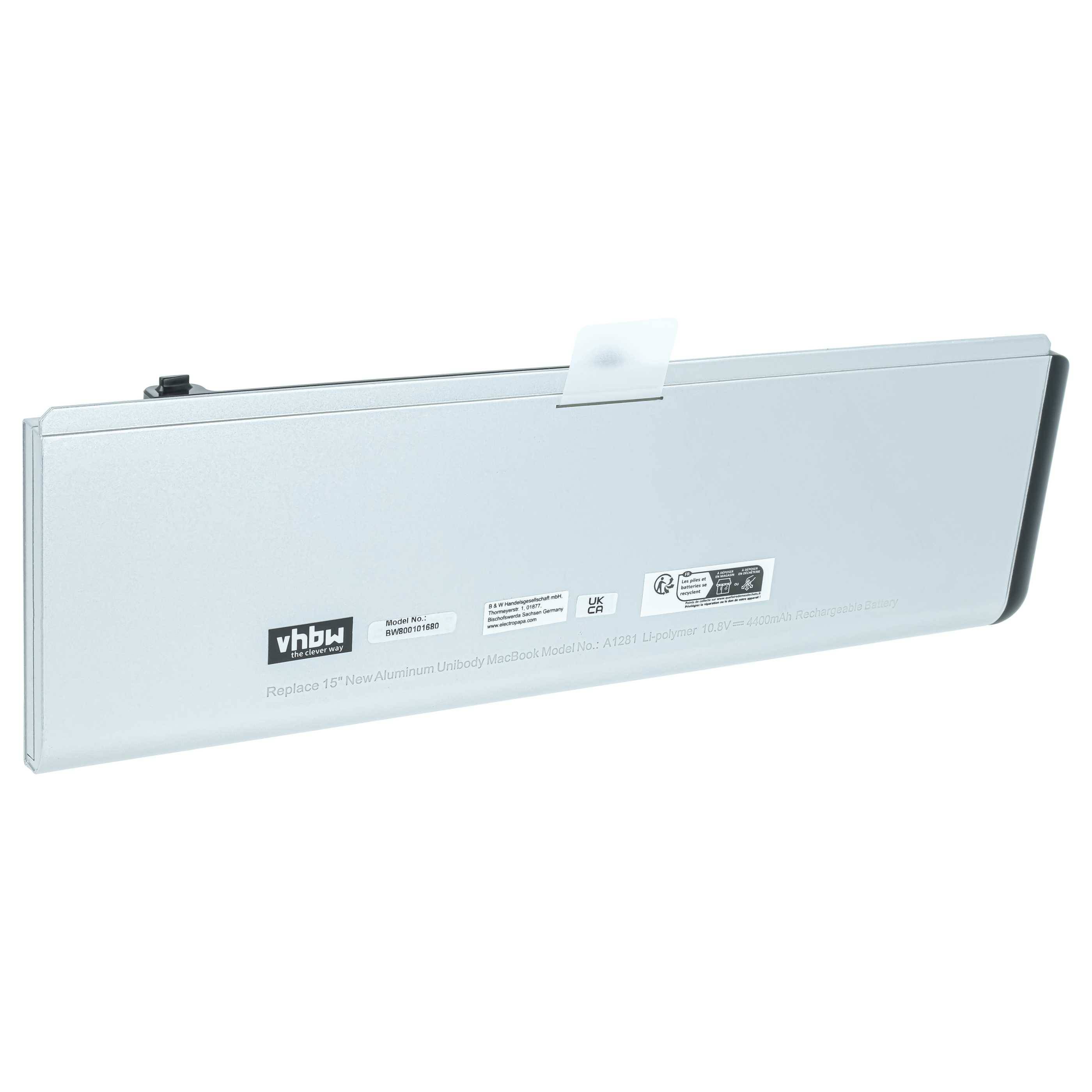 vhbw Akku kompatibel mit Apple Macbook Pro 15" New Version, 15" MB471X/A, 15" MB471LL/A Notebook (4400 mAh, 10,8 V, Li-Ion)