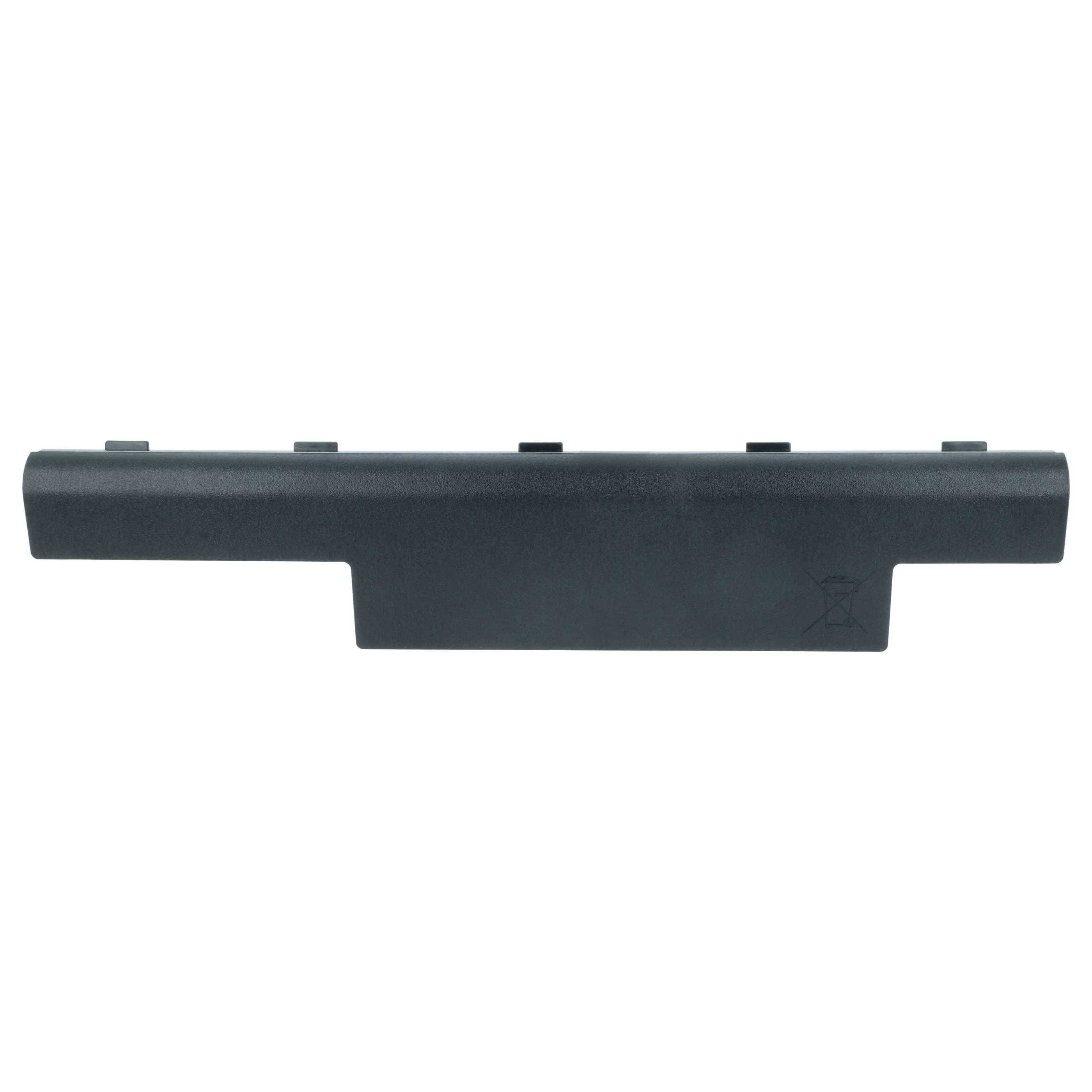 Eine schwarze Laptop-Batterie mit rechteckiger Form und drei Anschlüssen oben, die für ein bestimmtes Laptop-Modell entwickelt wurde.