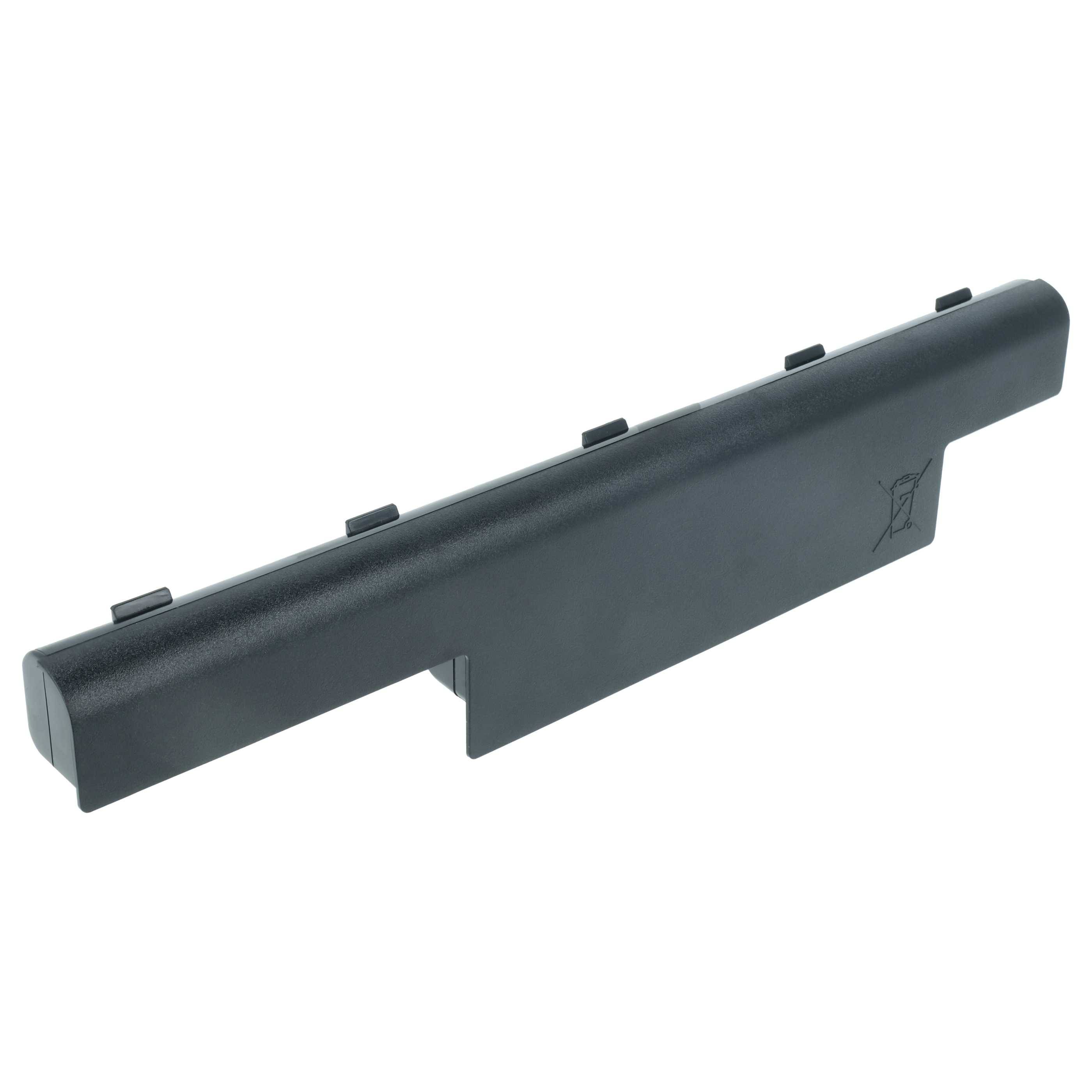 Eine schwarze Laptop-Batterie mit rechteckiger Form und mehreren Anschlusspunkten auf der Oberseite, die vor einem weißen Hintergrund gezeigt wird.