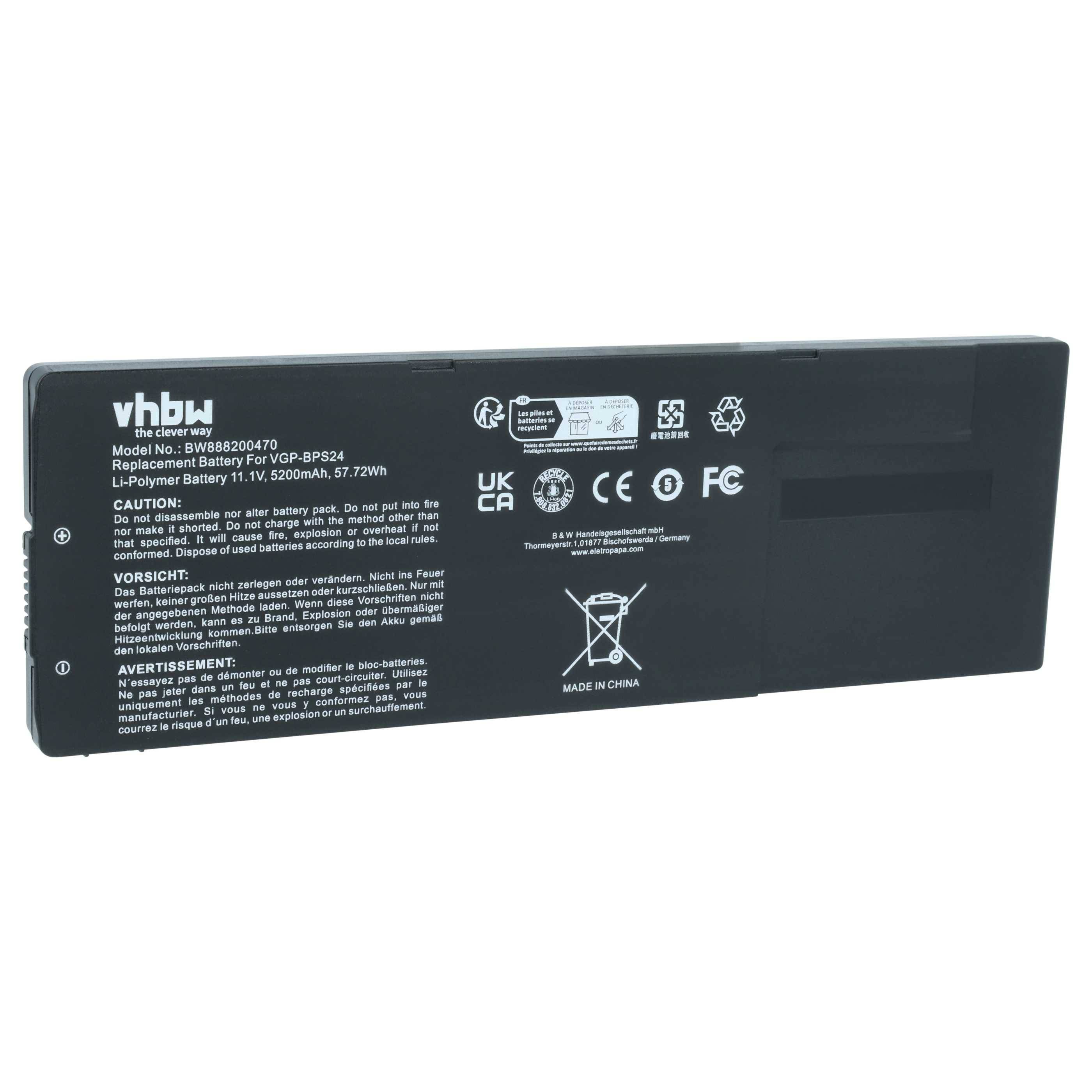 Laptop-Ersatzakku mit der Bezeichnung 'vhbw', Modellnummer BB99ZA00247Q, 11,1V, 5200mAh, 57,72Wh, mit Sicherheitshinweisen in mehreren Sprachen.