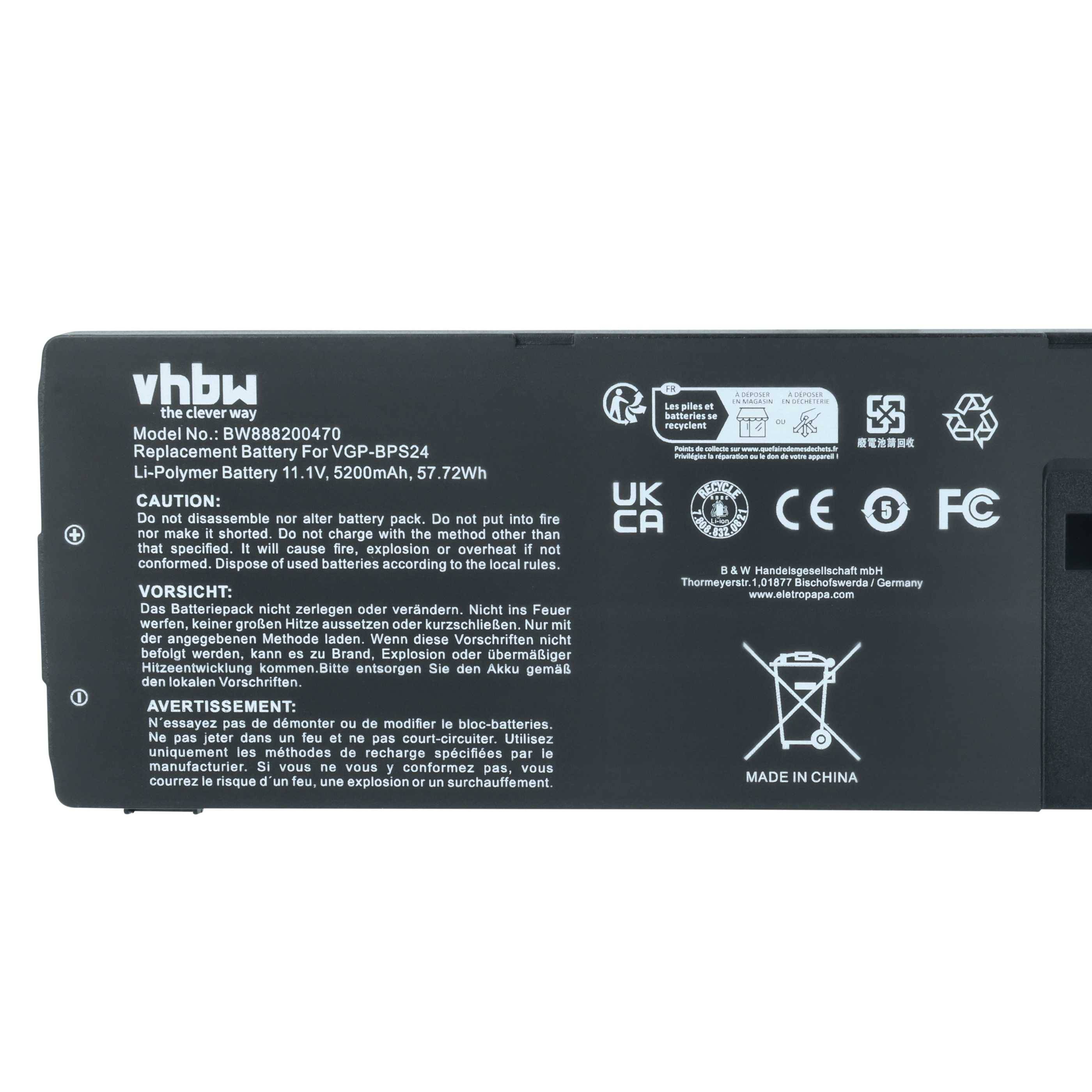 vhbw' Lithium-Polymer-Akku-Ersatz; Modell: BW888204470; 11,1V, 57,72Wh; für YGP-BPP524. Compliance- und Sicherheitssymbole sichtbar.