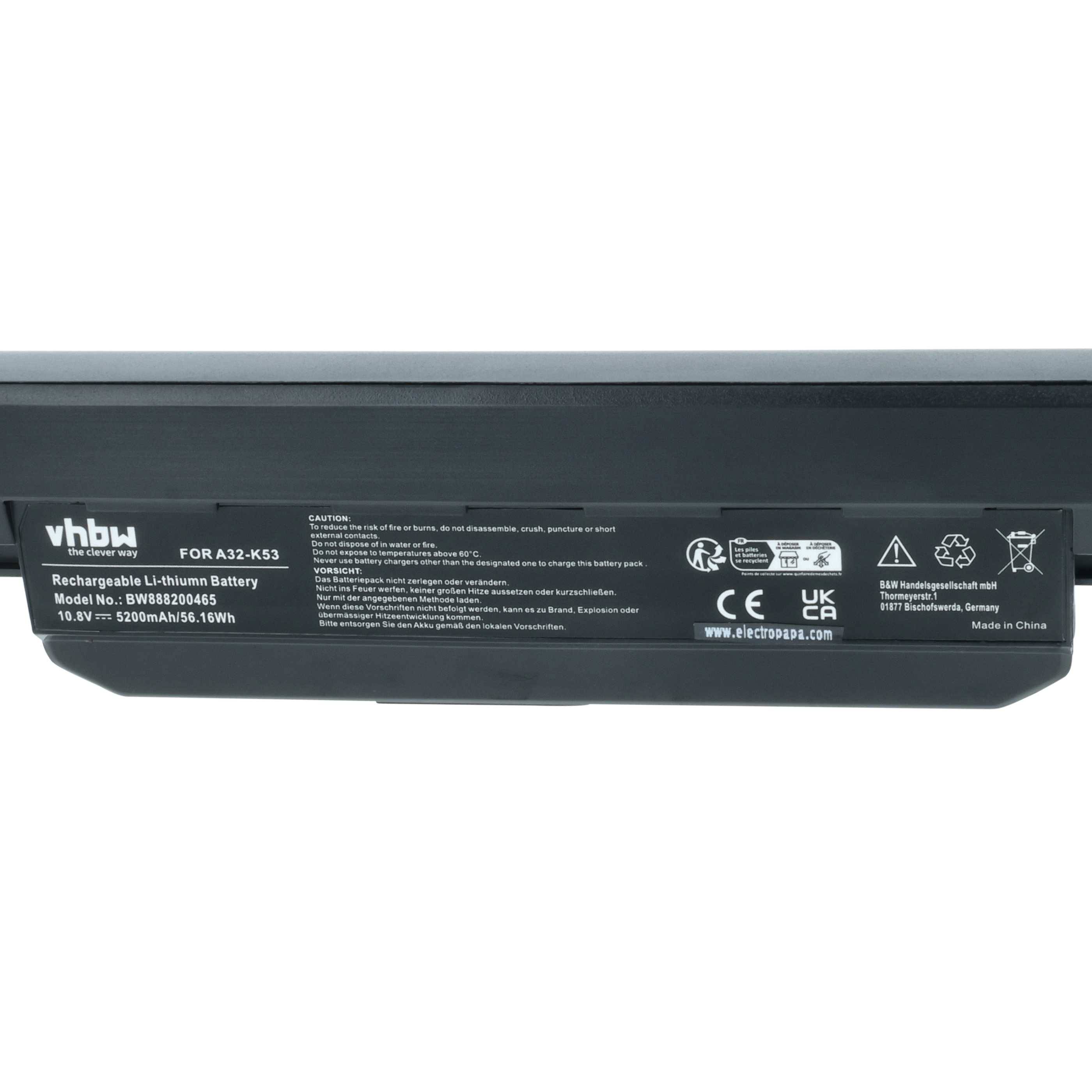 vhbw Akku kompatibel mit Asus K53F, K53J, K53JA, K53JC, K53JE, K53JF, K53JG, K53JN, K53JS, K53JT Notebook (5200mAh, 10,8V, Li-Ion)