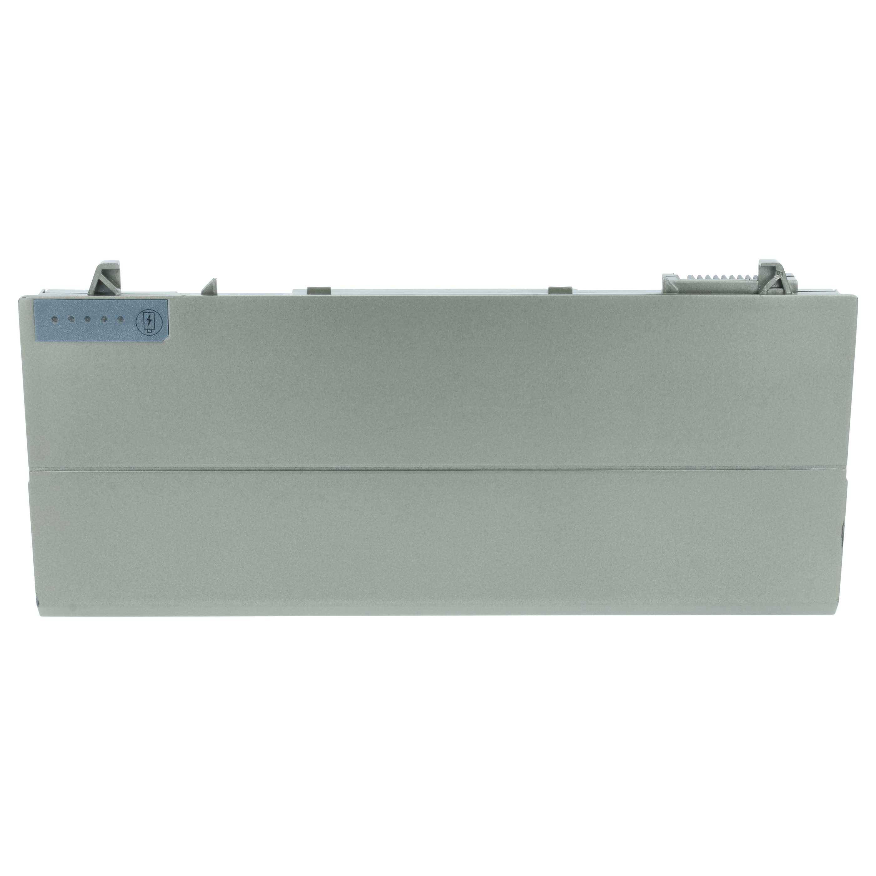 Ein grauer rechteckiger Apparat mit fünf LED-Indikatoren und einem Knopf in der oberen linken Ecke, höchstwahrscheinlich eine elektronische Komponente oder ein Batteriemodul.