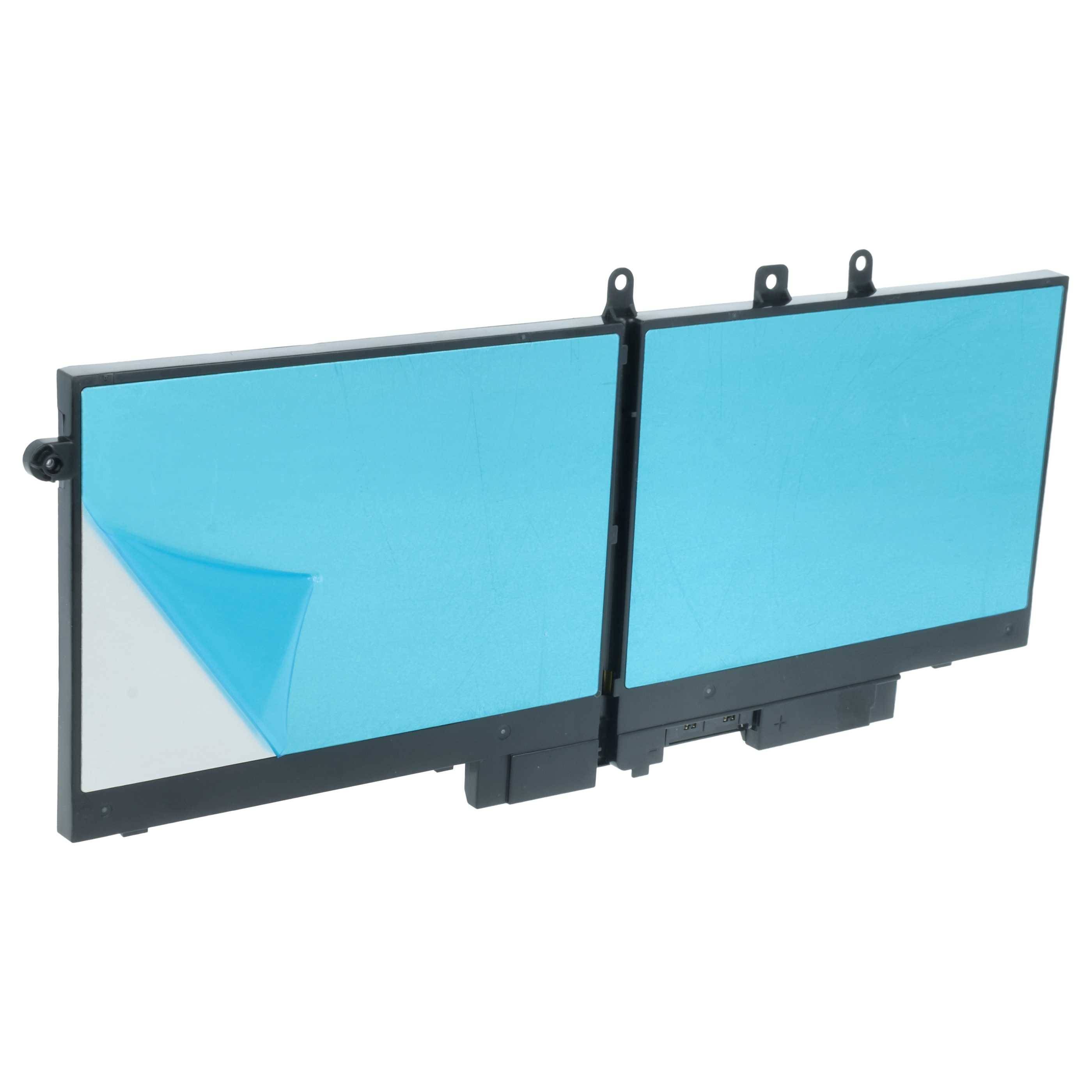 Ein Zwei-Zellen-Akkupack für einen Laptop oder Tablet. Die Zellen sind in einem schwarzen Rahmen eingefasst, wobei die blaue Schutzfolie teilweise abgezogen ist.