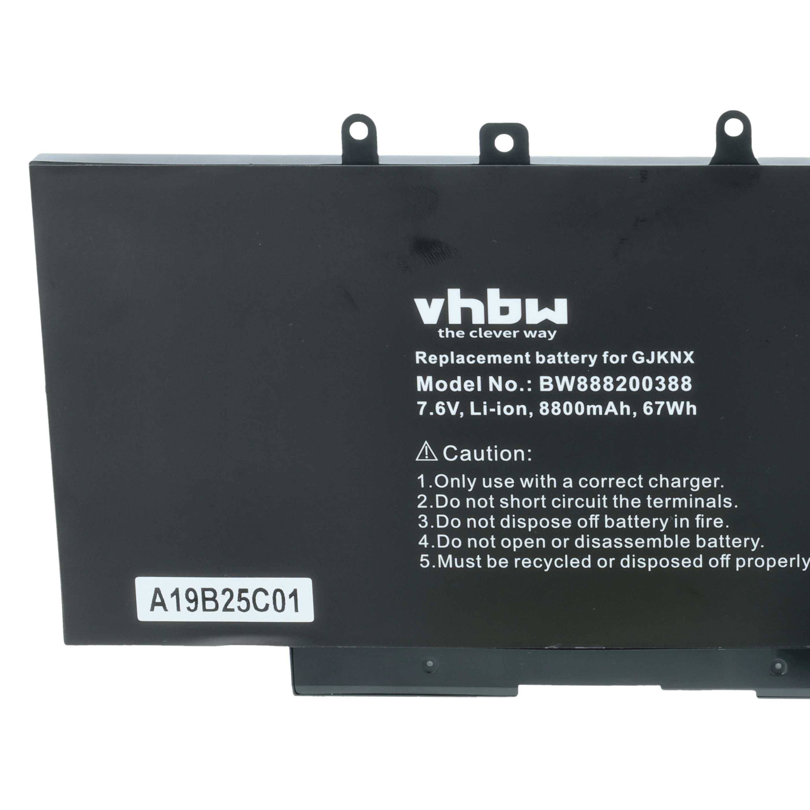 Ersatzbatterie für GJK8NX, Modell BW8820038, 7,6V, 8800mAh, 67Wh. Enthält Warnhinweise zum Ladegerät, zu Anschlüssen und zur Entsorgung.