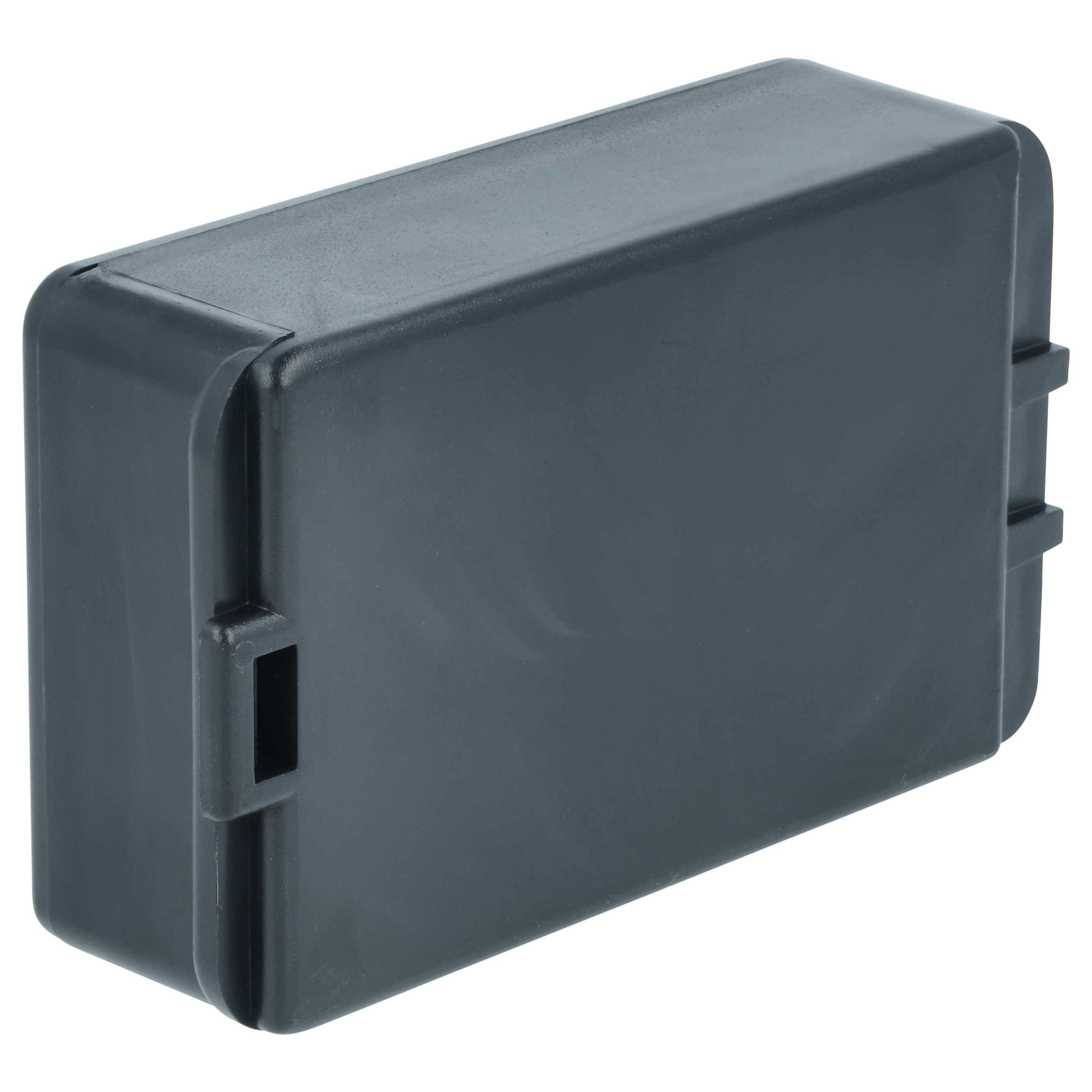 Eine schwarze, rechteckige elektronische Gehäusebox mit abgerundeten Kanten und seitlichen Aussparungen, geeignet zur Aufnahme kleiner elektronischer Komponenten.