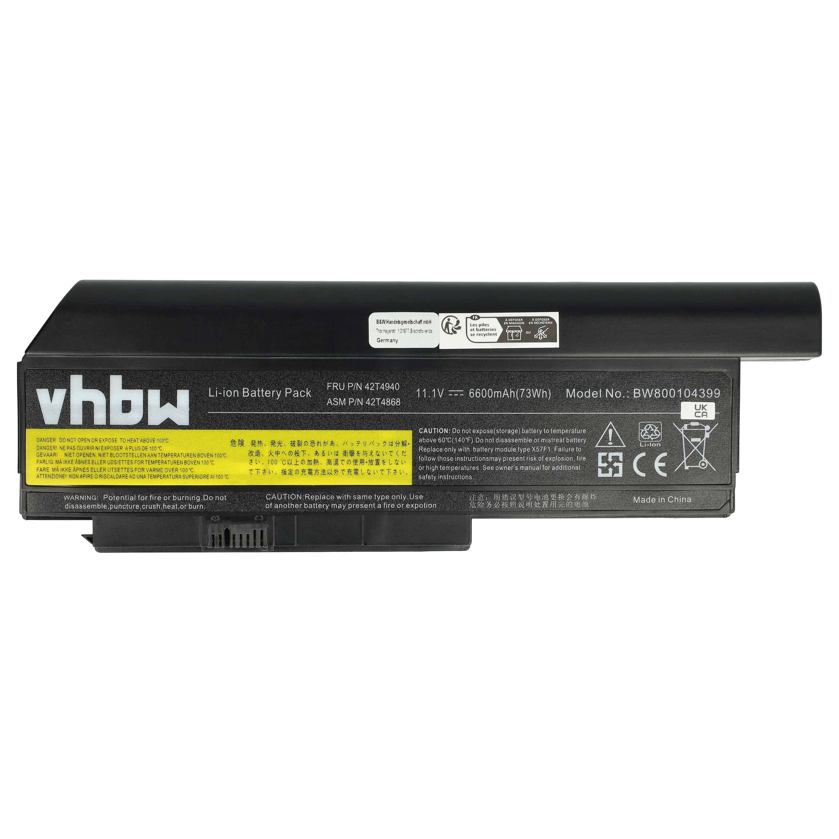 vhbw Akku Ersatz für Lenovo 42Y4864, 42Y4868, 42Y4874, 45N1023, 45N1026, 45N1028 für Notebook (6600 mAh, 10,8 V, Li-Ion)