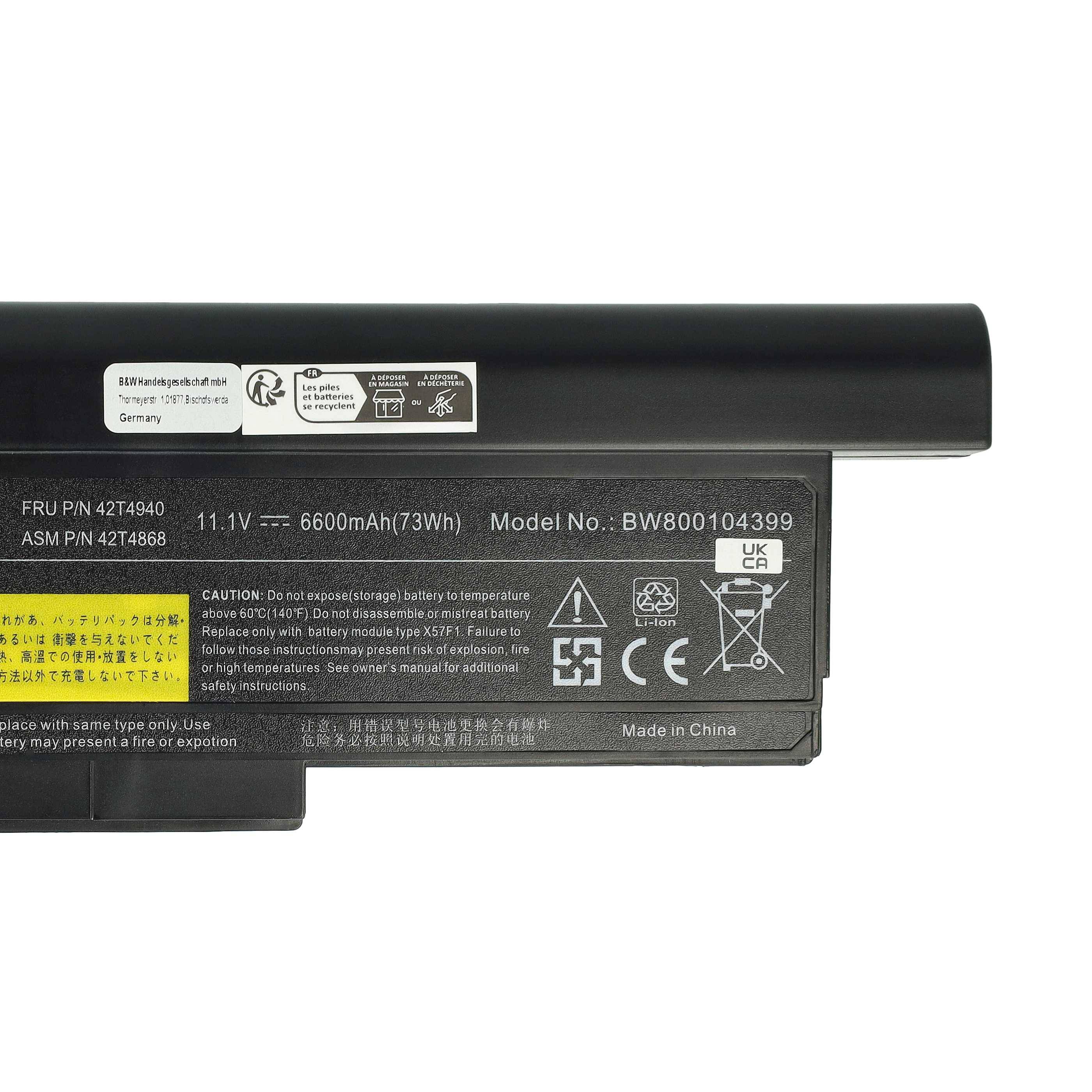 vhbw Akku Ersatz für Lenovo 42Y4864, 42Y4868, 42Y4874, 45N1023, 45N1026, 45N1028 für Notebook (6600 mAh, 10,8 V, Li-Ion)