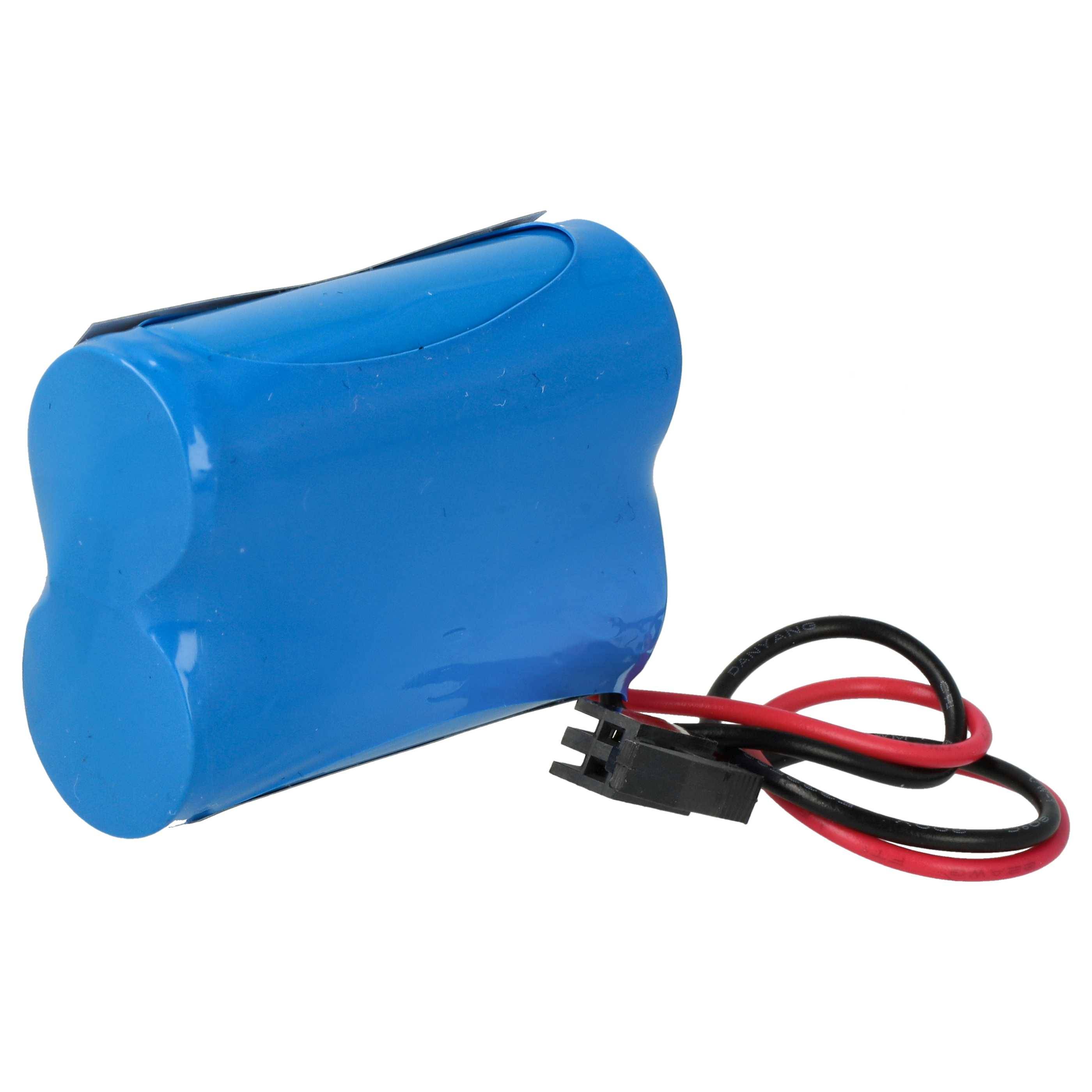 Ein blauer wiederaufladbarer Batteriepack mit schwarzen und roten Drähten, die davon abgehen, wird für elektronische Geräte verwendet.