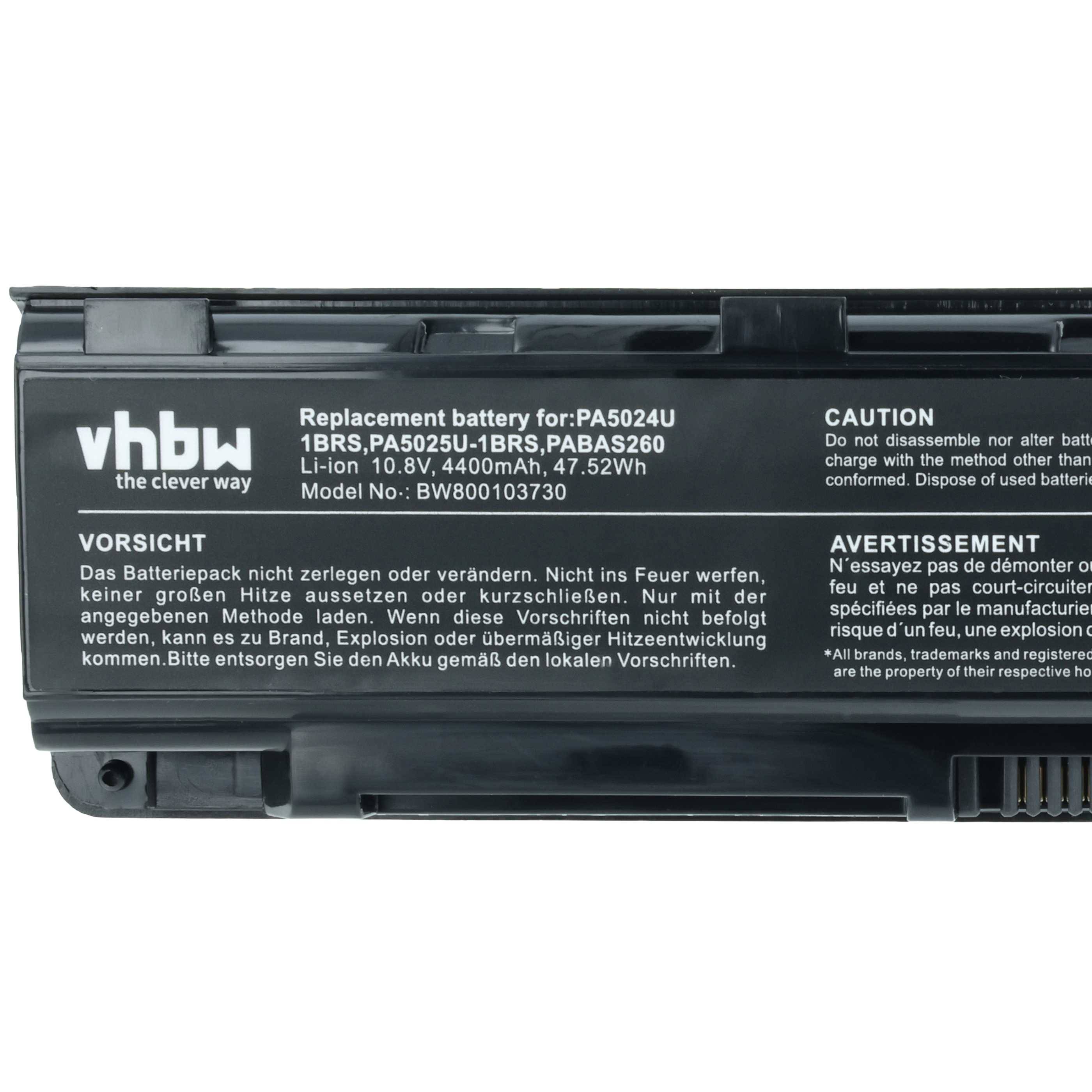 Ersatzbatterie für PA5023U mit Spezifikationen: 10,8V, 4400mAh. Warnung: Nicht auseinandernehmen. Deutsche und englische Sicherheitsanweisungen enthalten.