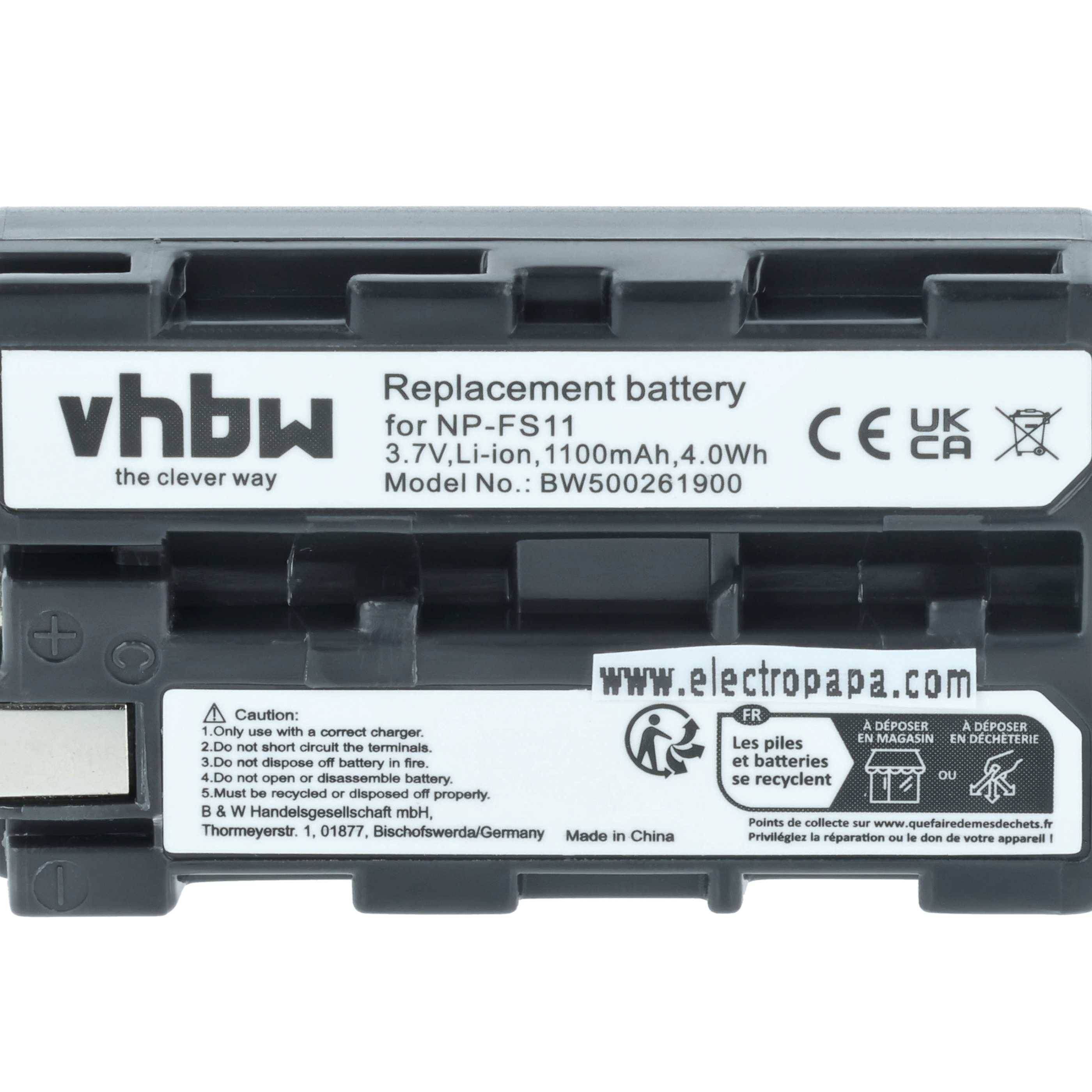 Ersatzakku mit Bezeichnung 'vhbw', 3,7V Li-Ion, 1100mAh, 4,0Wh für NP-FS11, Modell BW5002619. Enthält Sicherheitssymbole und Bedienungsanleitungslink.