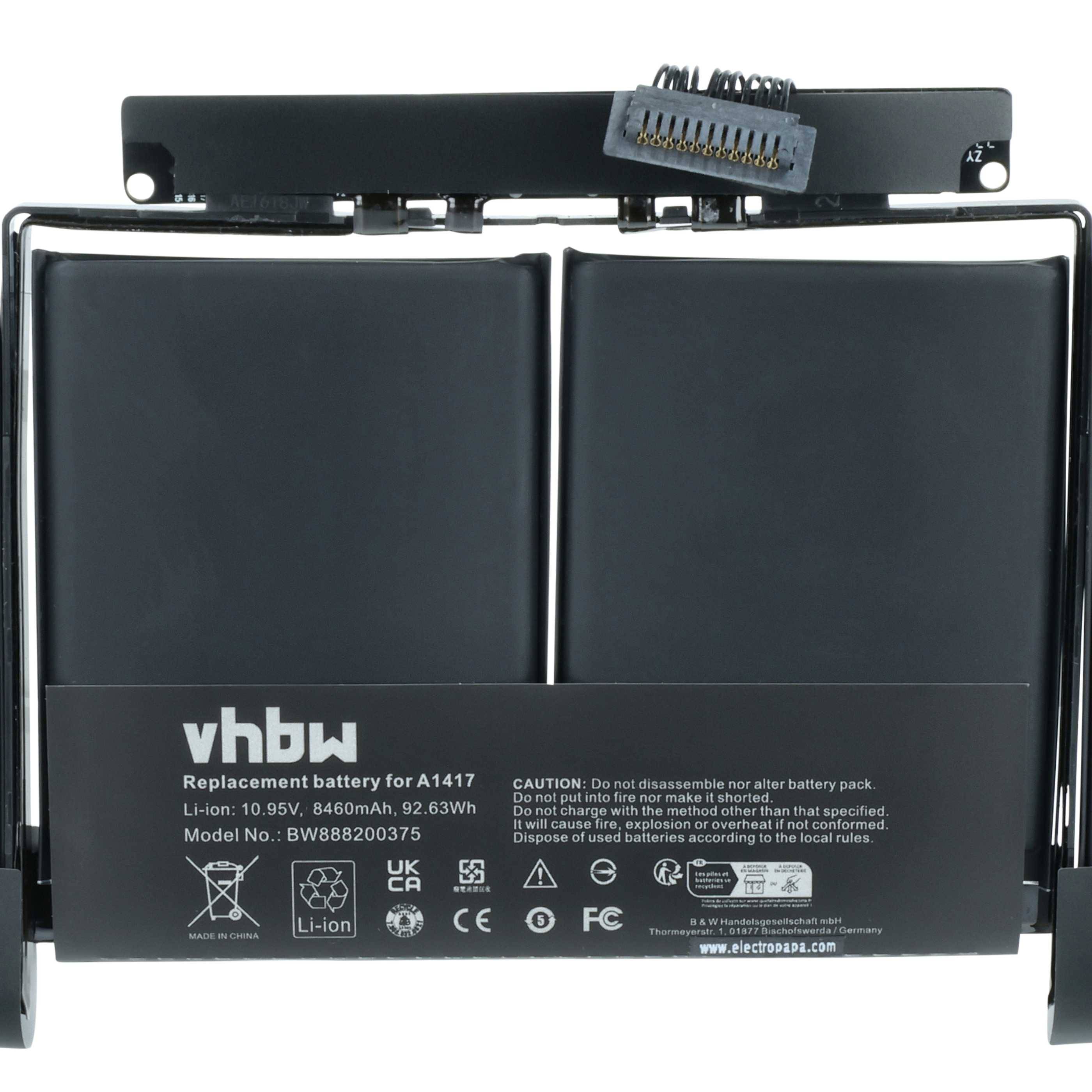 Ein Ersatzakku für Modell A1417 mit folgenden Spezifikationen: Li-Ion 10,95V, 8460mAh, 92,63Wh. Hersteller: vhbw. Modellnummer: BW888200375.