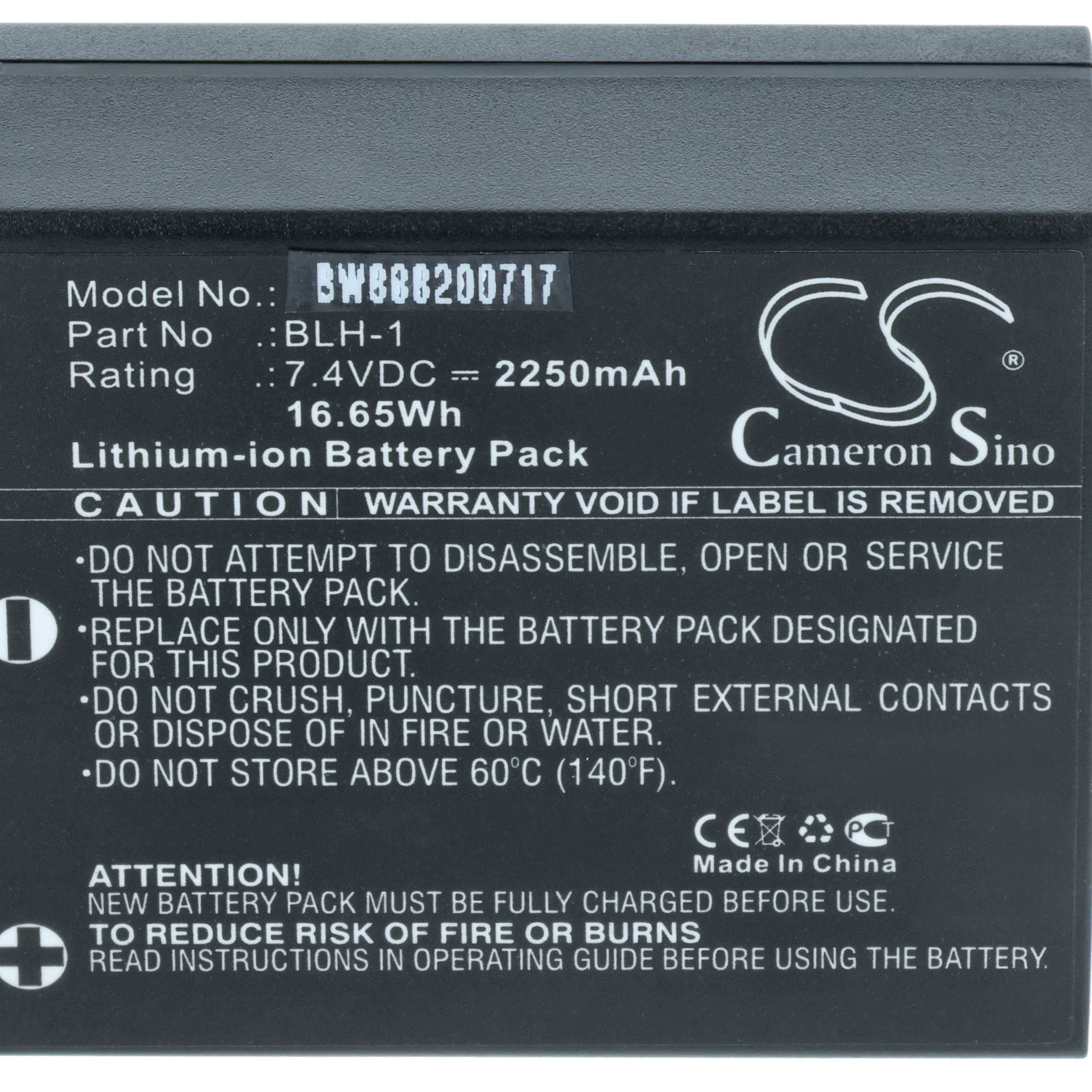 Ein Lithium-Ionen-Batterielabel zeigt Modell BW868200717, Teil BLH-1, 7,4 V DC, 2250 mAh, 16,65 Wh. Warnhinweise: Nicht zerlegen, nicht quetschen oder verbrennen. Hergestellt in China.