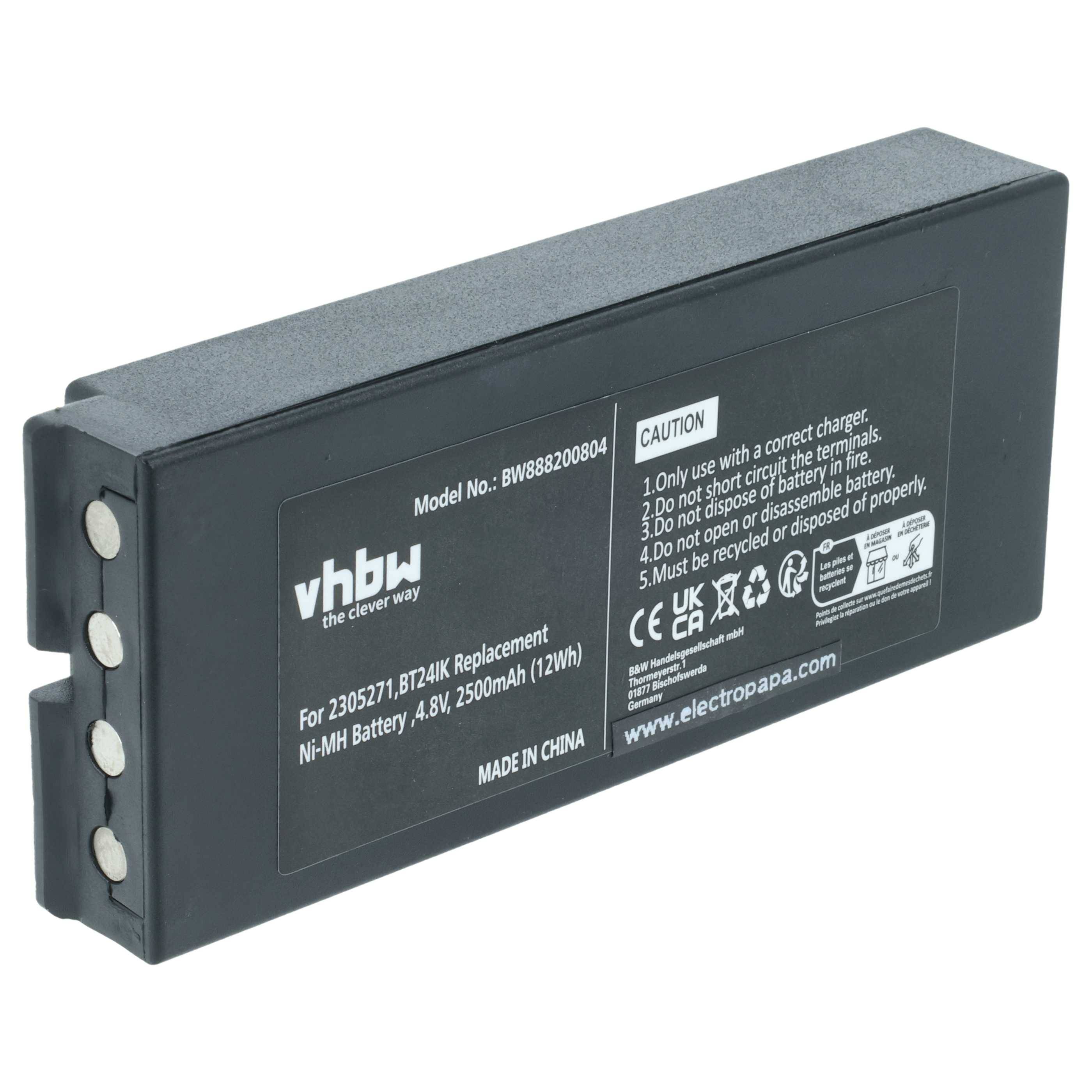 Ein rechteckiger schwarzer Akku mit der Bezeichnung 'vhbw', Modell BW868820064, mit Warnhinweissymbolen und weißer Schrift, der als Ersatz für bestimmte Modelle verwendet wird.