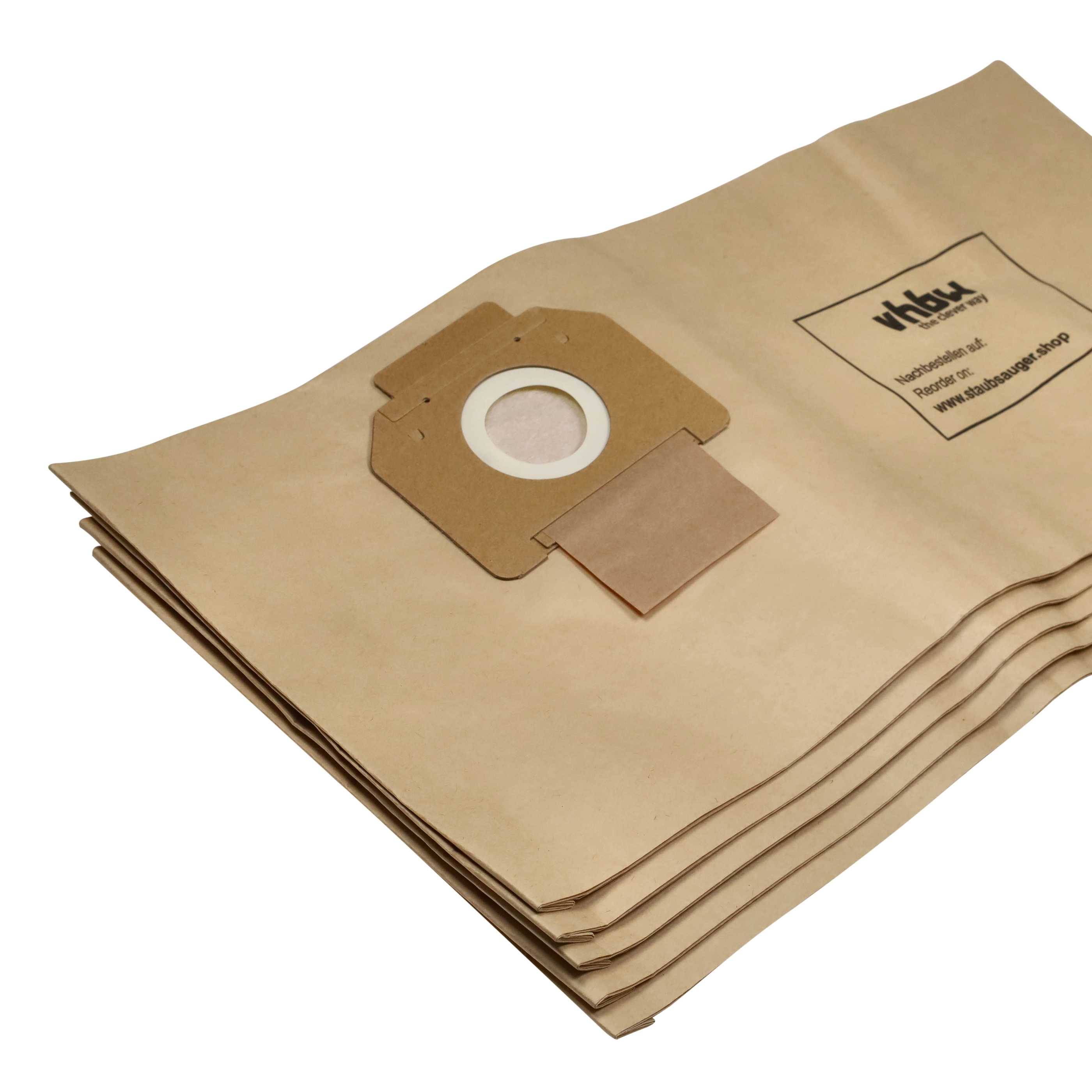 Ein Stapel Staubsaugerbeutel aus braunem Papier mit einer kreisförmigen Öffnung und einem Pappkragen; Logo und Kontaktinformationen sind auf der Oberseite gedruckt.