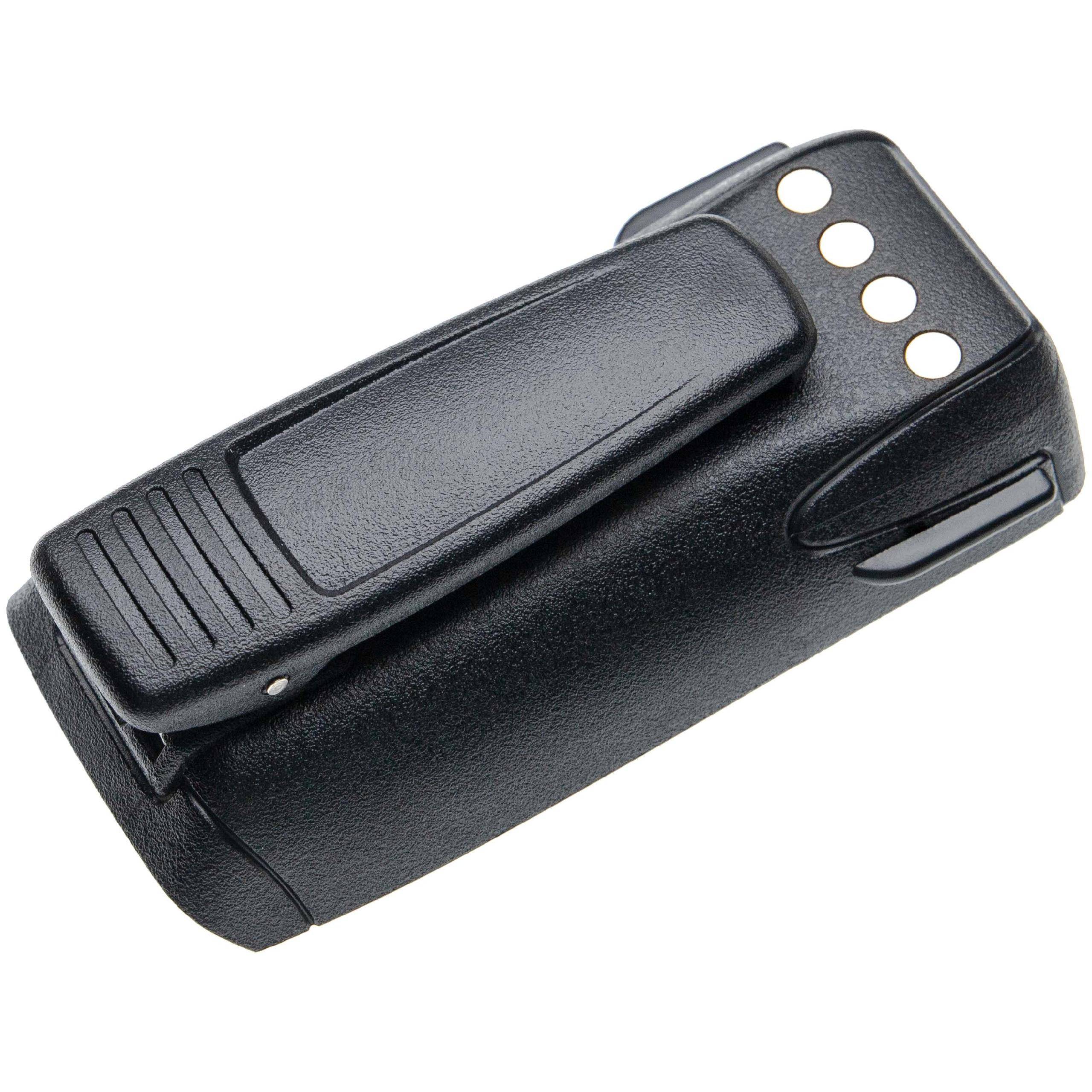 Schwarze elektronische Batterie mit strukturiertem Griff und Kontaktpunkten oben zum Verbinden mit einem Gerät.