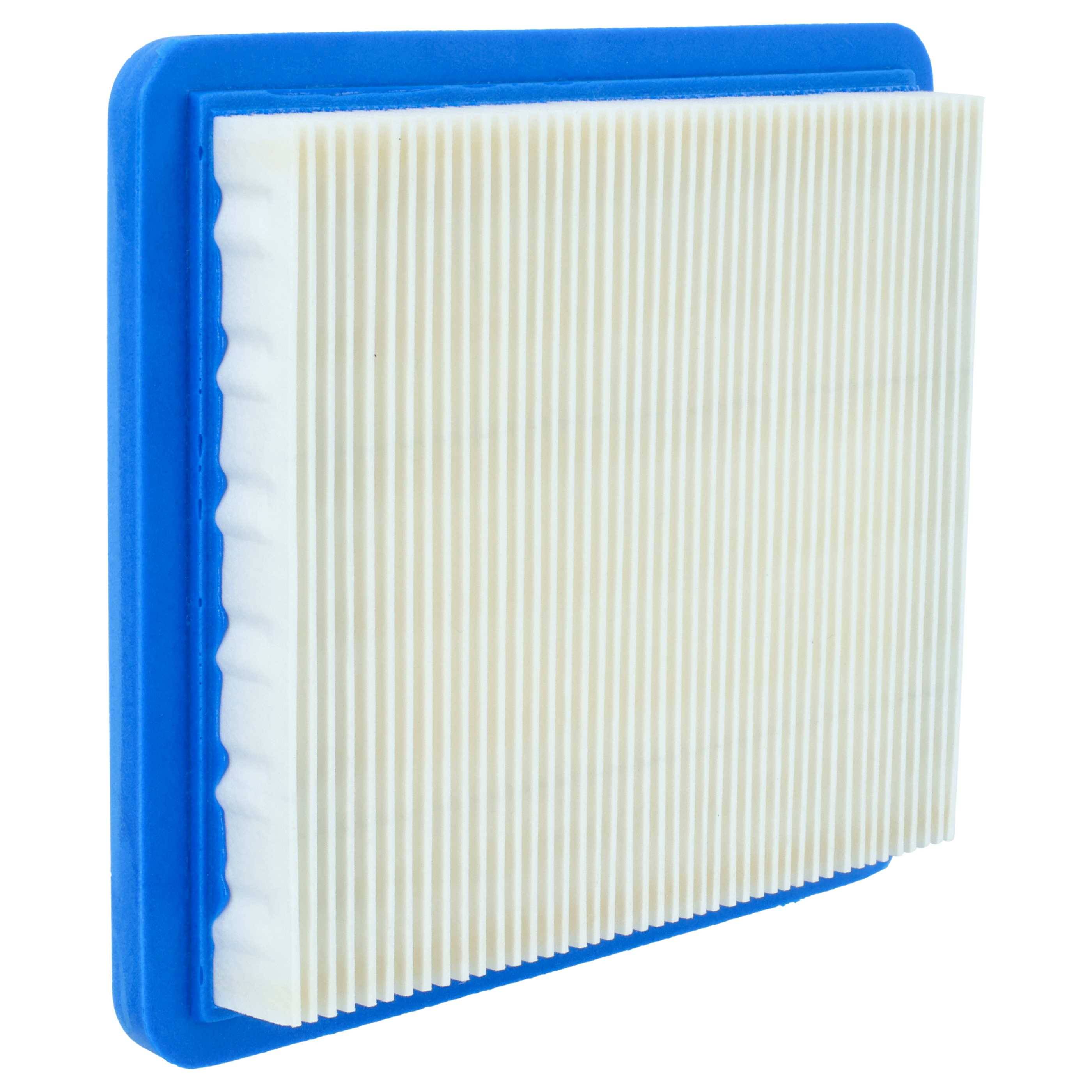 Ein gefalteter weißer Luftfilter mit blauem Rahmen, von einem Winkel aus dargestellt, der zum Abfangen von Staub und Schmutz in verschiedenen Geräten verwendet wird.
