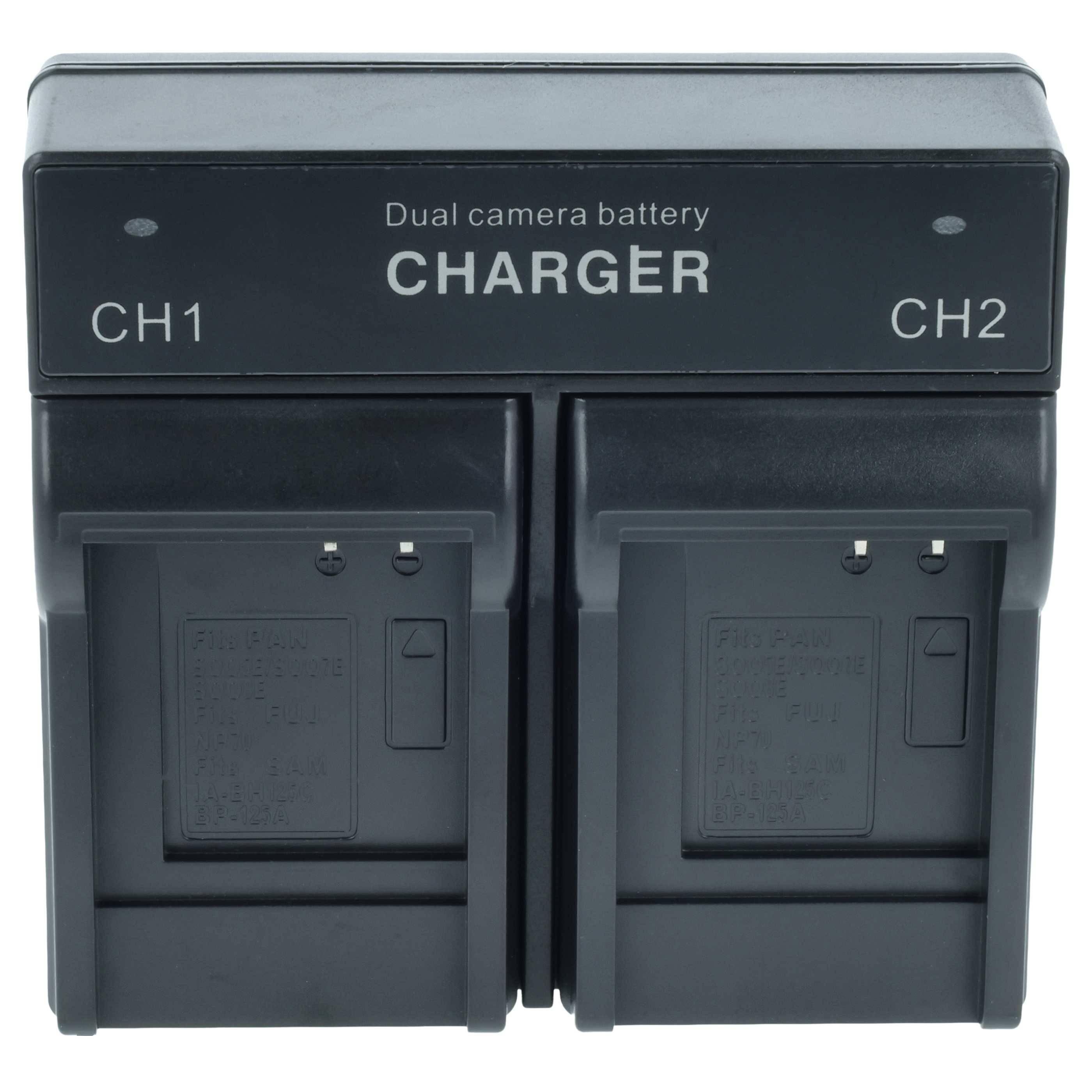 Dualer Kamera-Akkuadapter mit zwei Ladeschächten, beschriftet mit 'CH1' und 'CH2' zum Aufladen.