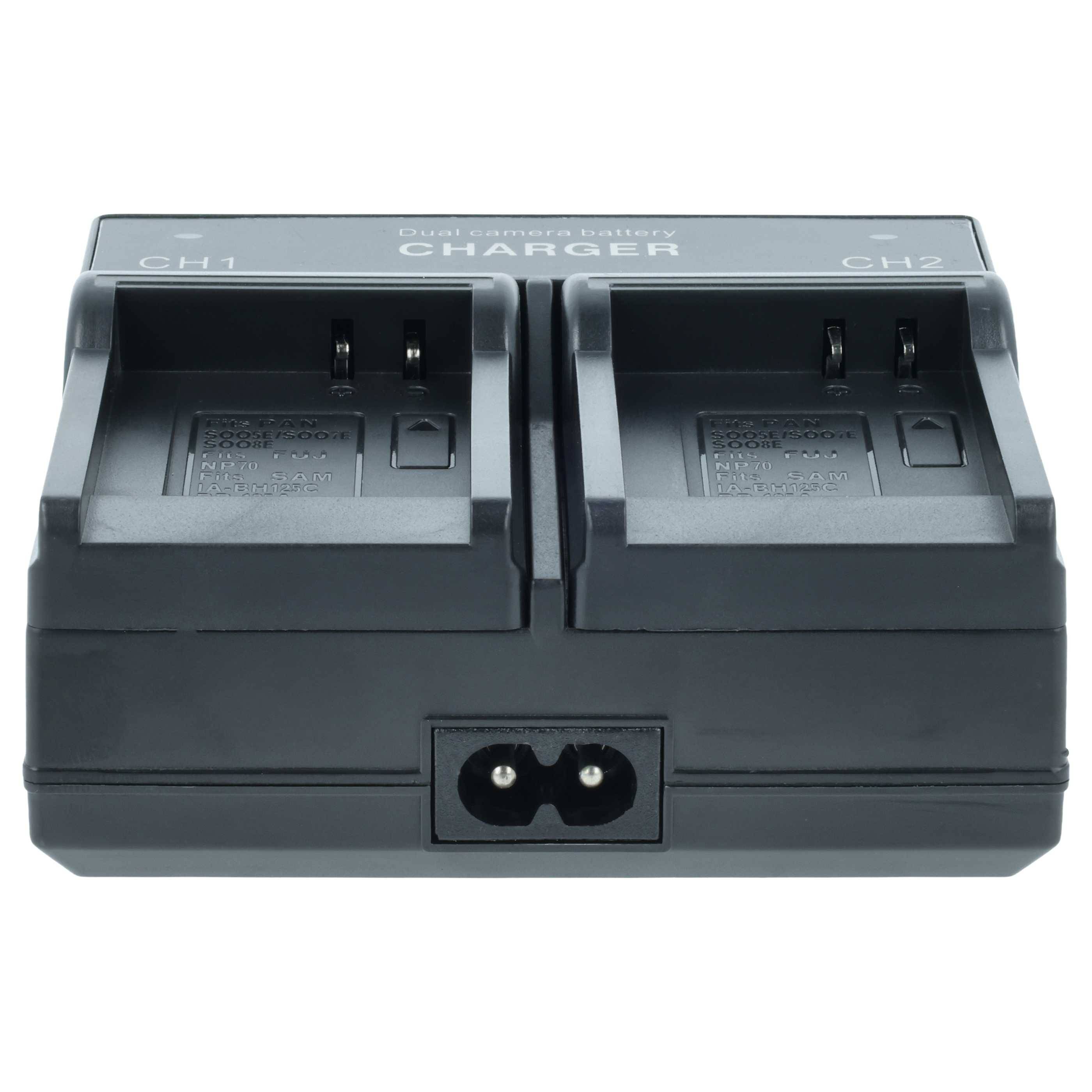 Dualer Kamera-Akkucharger mit zwei Steckplätzen, gekennzeichnet als CH1 und CH2, entwickelt zum gleichzeitigen Aufladen von Kameraakkus.