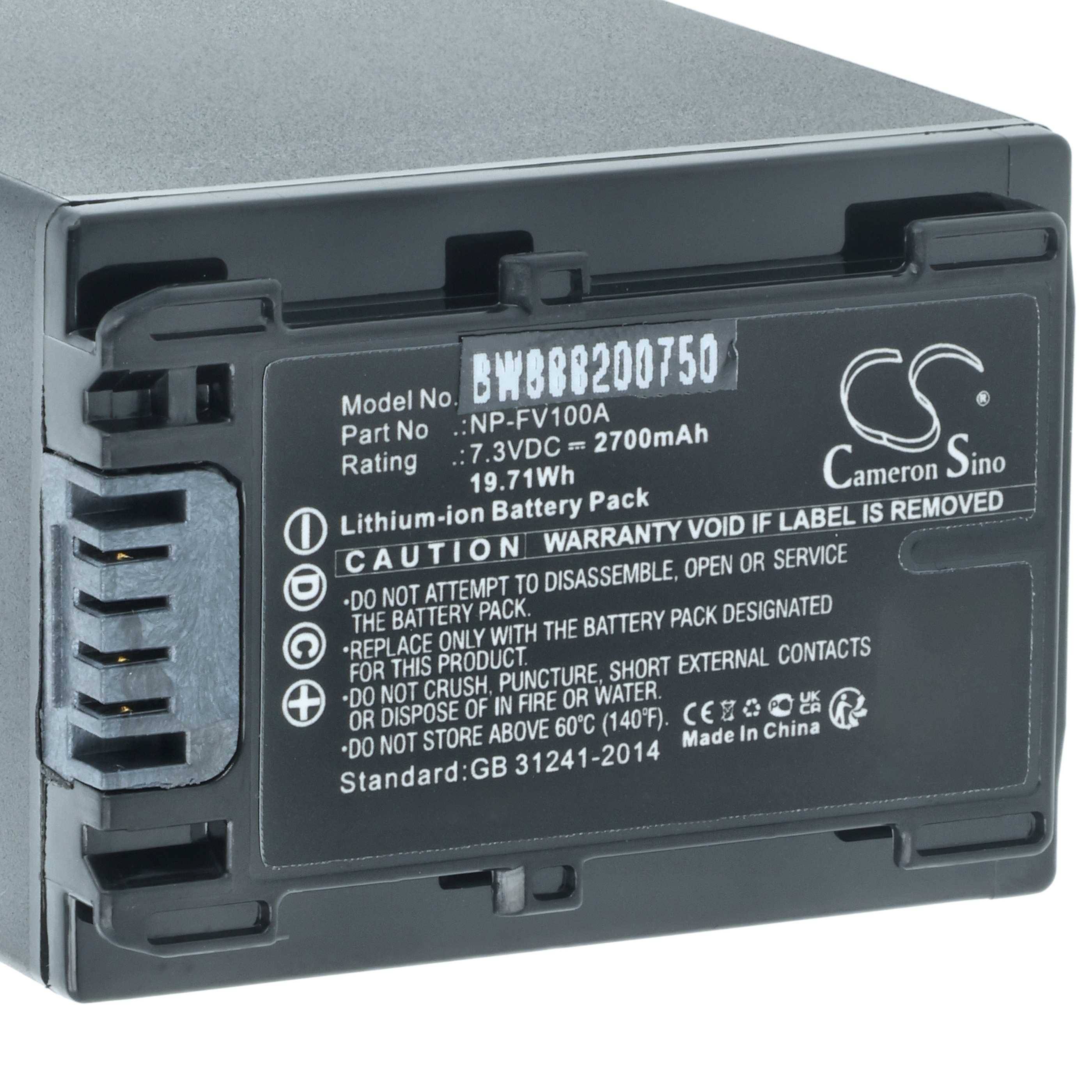 Akkupack mit Etikett, das das Modell 'FV100A' zeigt, Bewertung 7,3V, 2700mAh, Lithium-Ionen. Enthält Sicherheitswarnungen und Herstellerinformationen.