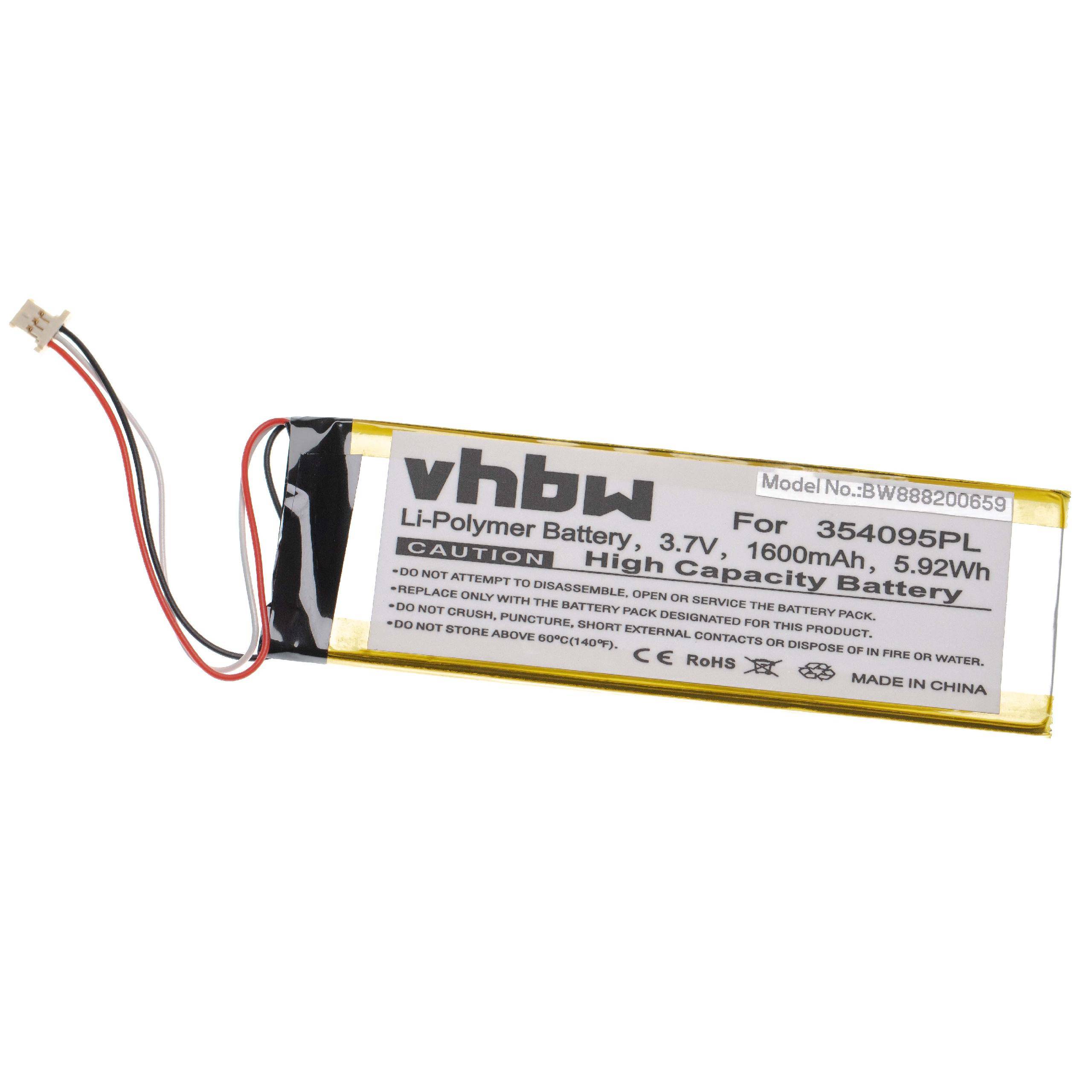 Ein flaches, rechteckiges Li-Polymer-Akku mit der Bezeichnung 3,7V, 1600mAh, 5,92Wh, Modell 354095PL. Er enthält Vorsichtsmaßnahmen zur Verwendung.