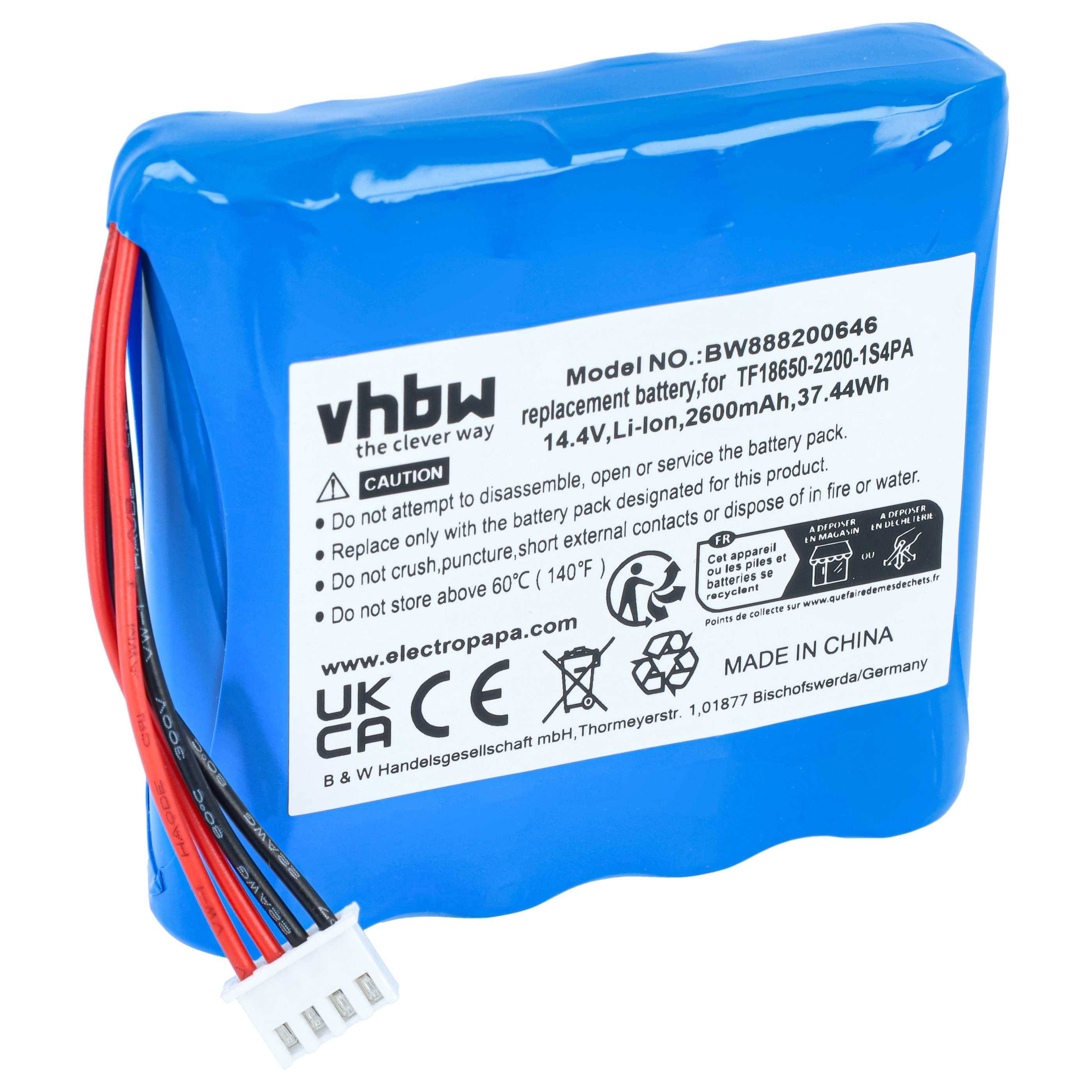 Blaues Lithium-Ionen-Akkupack mit angebrachten roten und schwarzen Kabeln und Stecker; das Etikett zeigt vhbw Ersatzakku, 14,4V, 2600mAh, 37,44Wh.