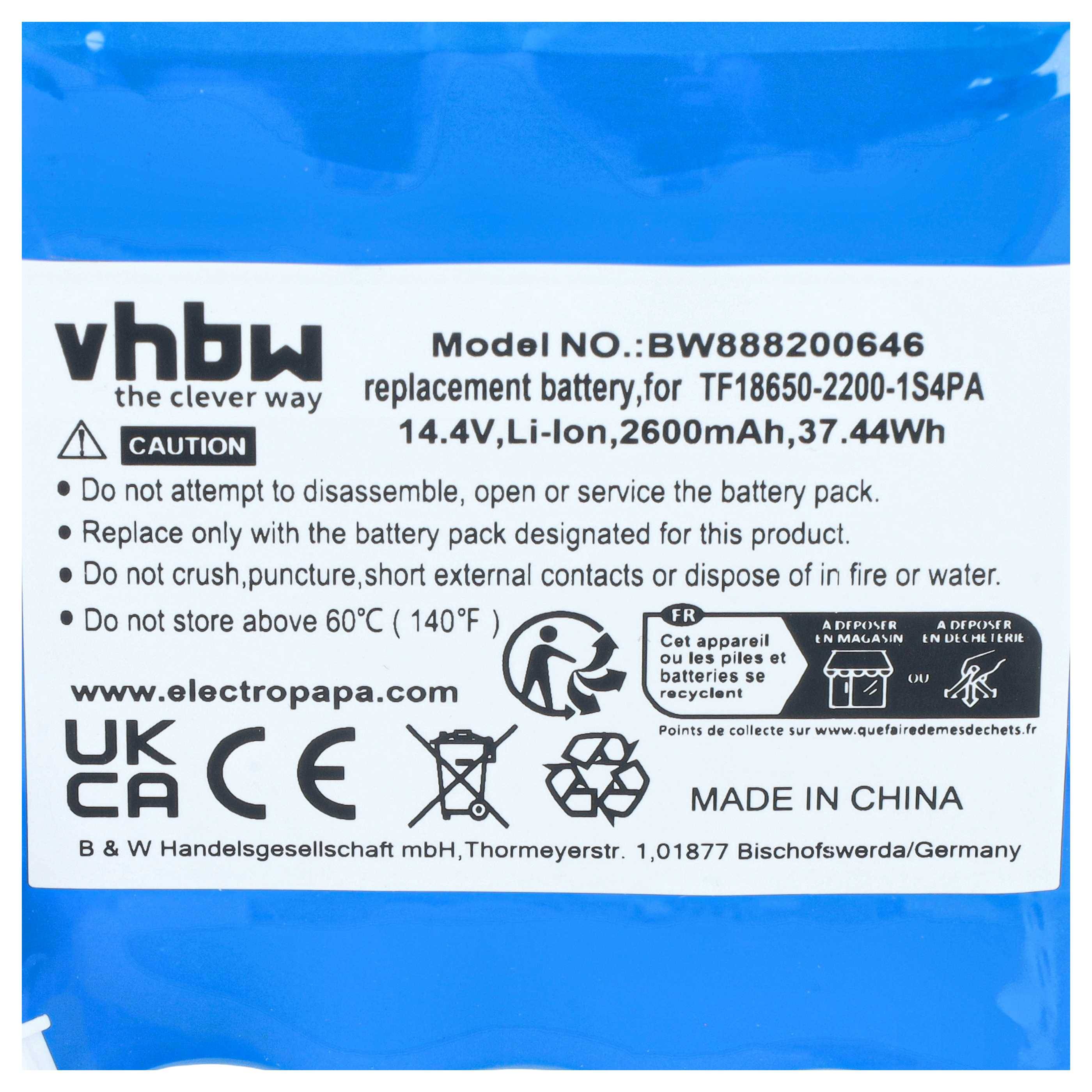 Foto eines vhbw Ersatzbatterieaufklebers mit Modellnummer BW88820064 und Spezifikationen 14,4V, 2600mAh, 37,44Wh, mit Sicherheitswarnungen und Recycling-Symbolen.