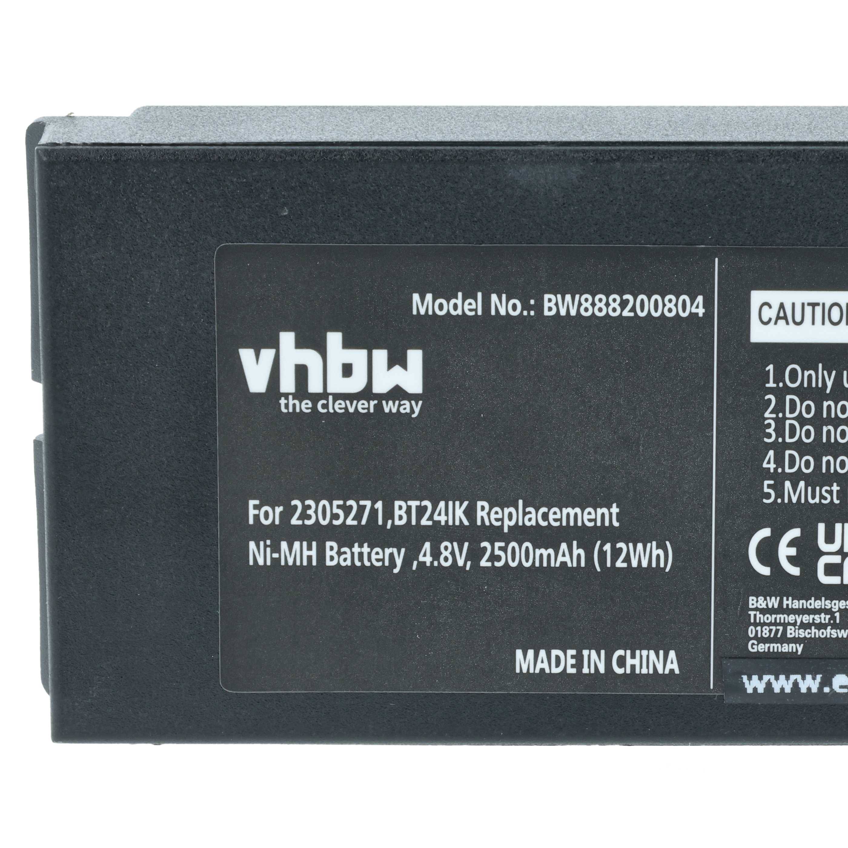 Akkupack mit Aufschrift '2305271, BT24IK Ersatz'. Spezifiziert 'Ni-MH Akku 4,8V, 2500mAh (12Wh)', 'Hergestellt in China', mit Vorsichtshinweisen.
