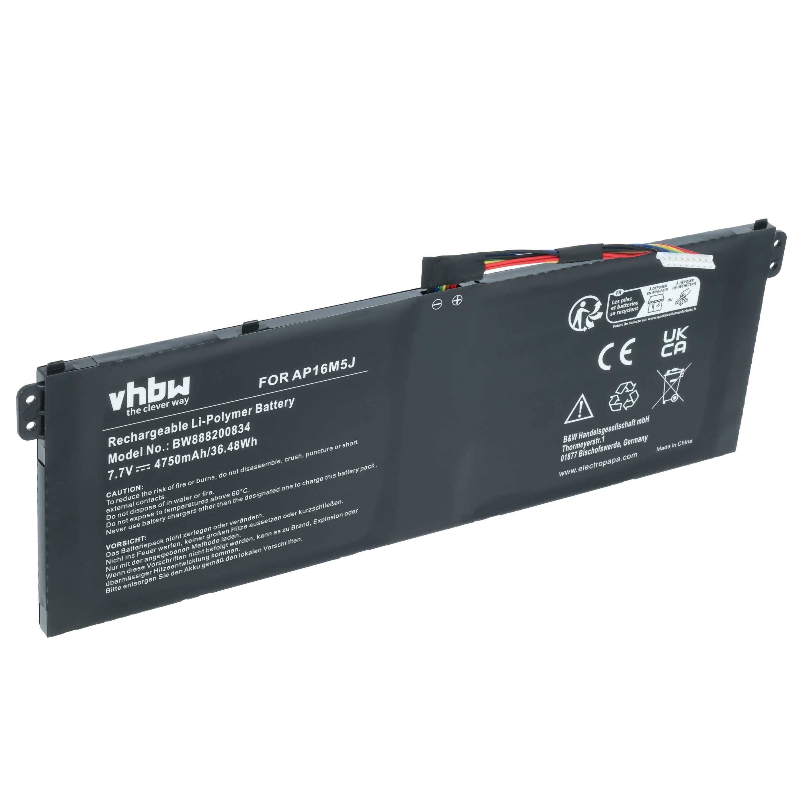 vhbw Akku kompatibel mit Acer Aspire 3 A315-41G, A315-41G-R0B2, A315-34-P3LC, A315-34-P859 Notebook (4750 mAh, 7,7 V, Li-Polymer)