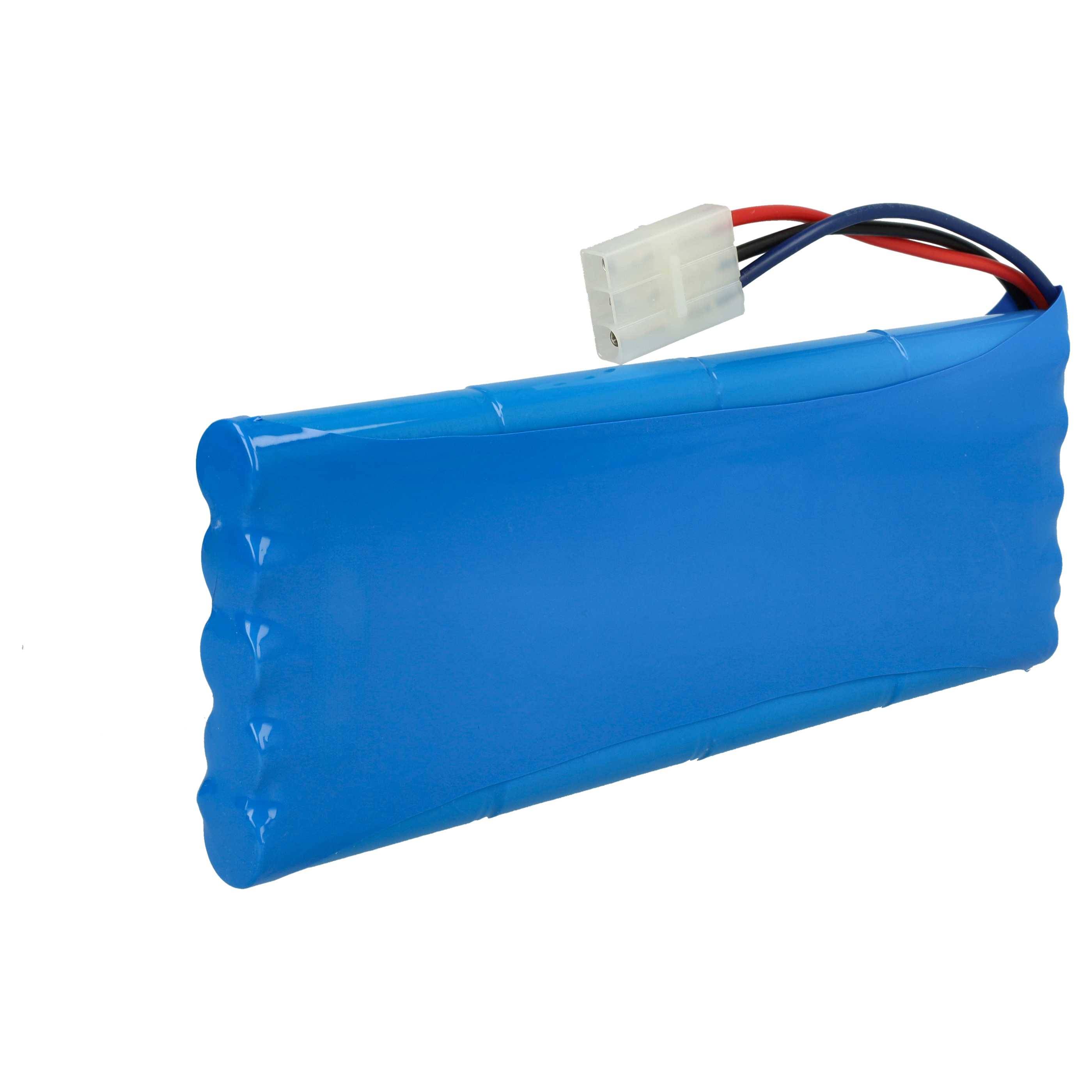 Ein blaues rechteckiges Batteriepack mit einem weißen Anschluss und roten und schwarzen Kabeln, die von einem Ende abgehen.