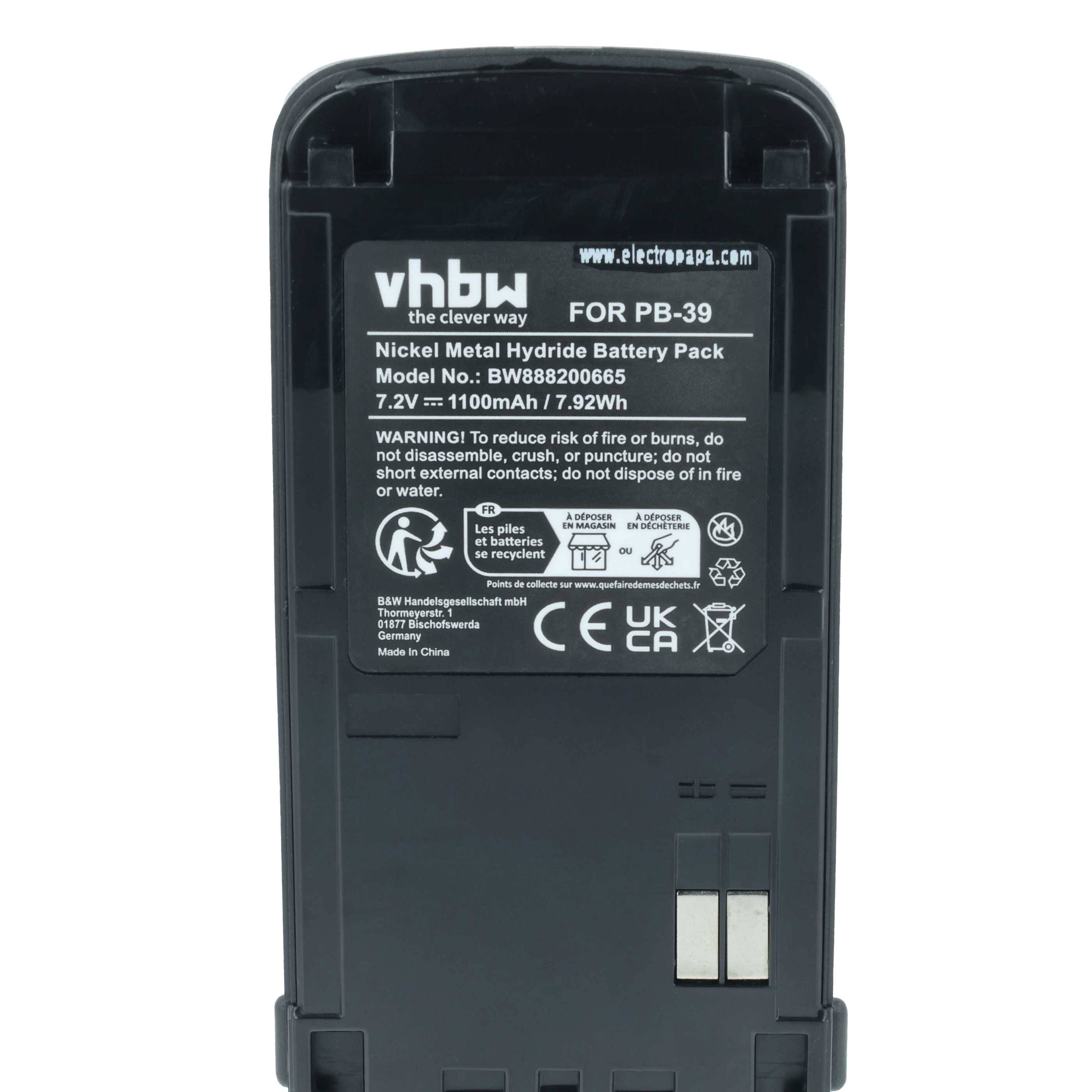 Abbildung eines vhbw Nickel-Metall-Hydrid-Akkupacks für PB-39, Modell-Nr.: 81898820665, 7,2V, 1100mAh, mit Sicherheits- und Recycling-Symbolen.