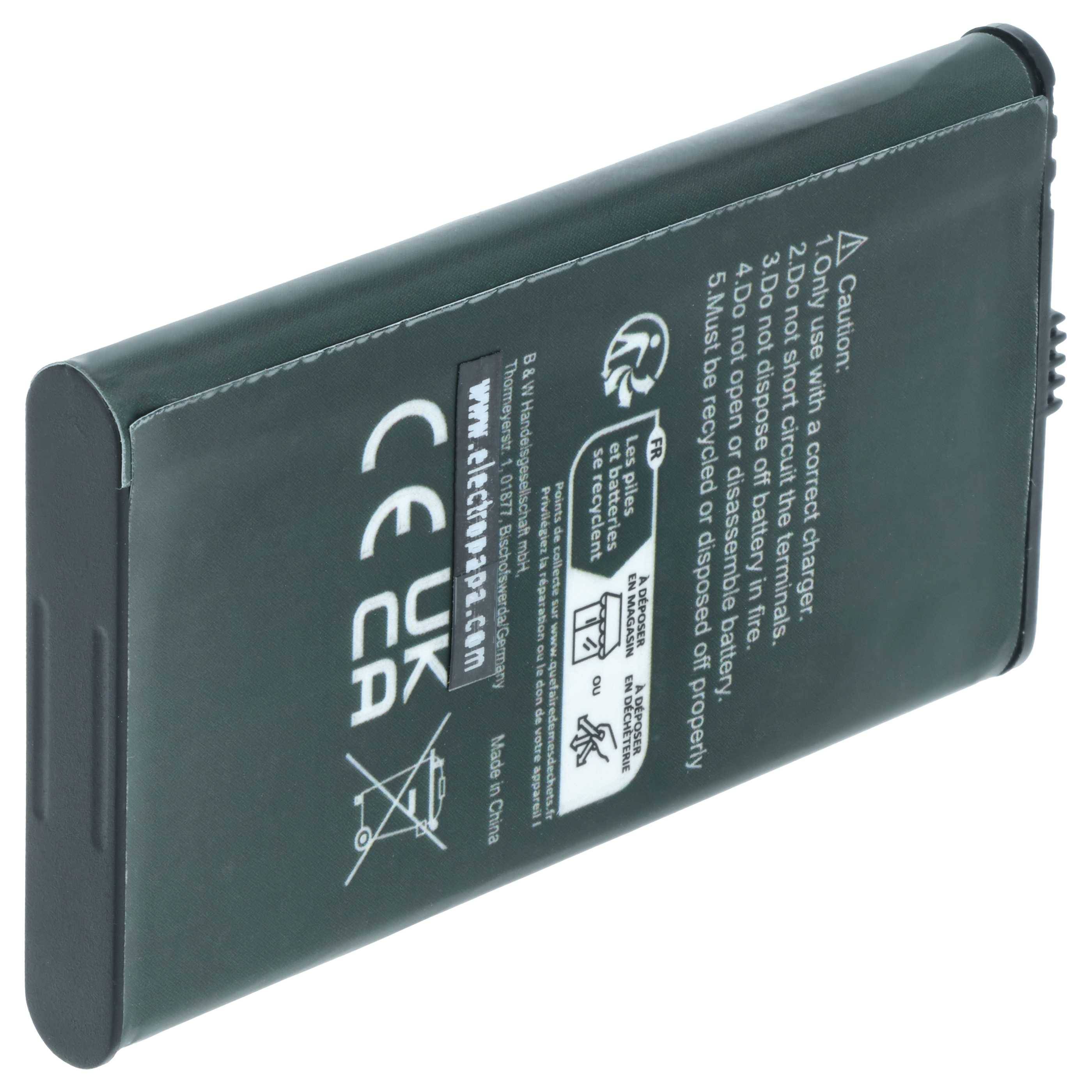 Rechteckige Lithium-Ionen-Batterie mit einem Warnhinweis, der ihre Spezifikationen angibt: 3,7V, 2100mAh, und Bedienungshinweise für eine sichere Handhabung.