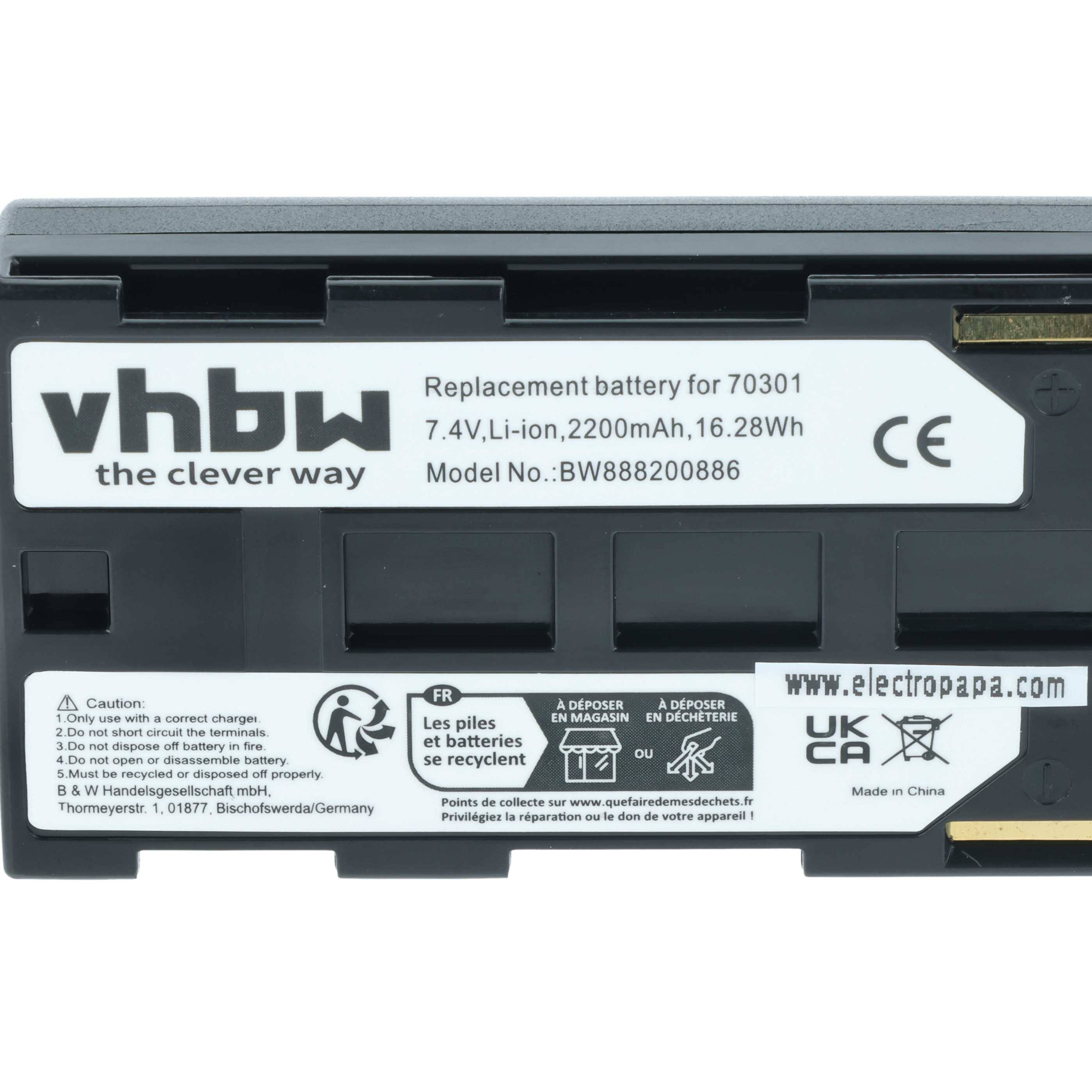 Ersatzbatterie gekennzeichnet für 'vhbw the clever way' Modell 70301, 7,4V, 2200mAh, 16,28Wh, inklusive Warnhinweis- und Recycling-Symbole.