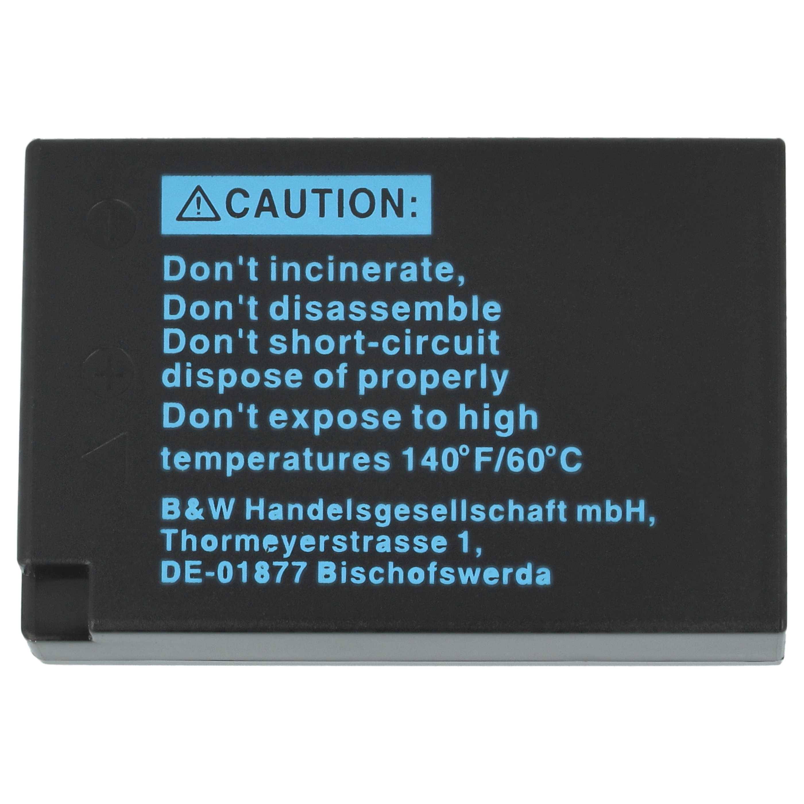 Schwarzes Batteriepaket mit blauem Warnschild mit der Warnung, nicht zu verbrennen, nicht zu zerlegen, nicht kurzschließen, nicht unsachgemäß zu entsorgen oder Temperaturen über 140°F/60°C auszusetzen.