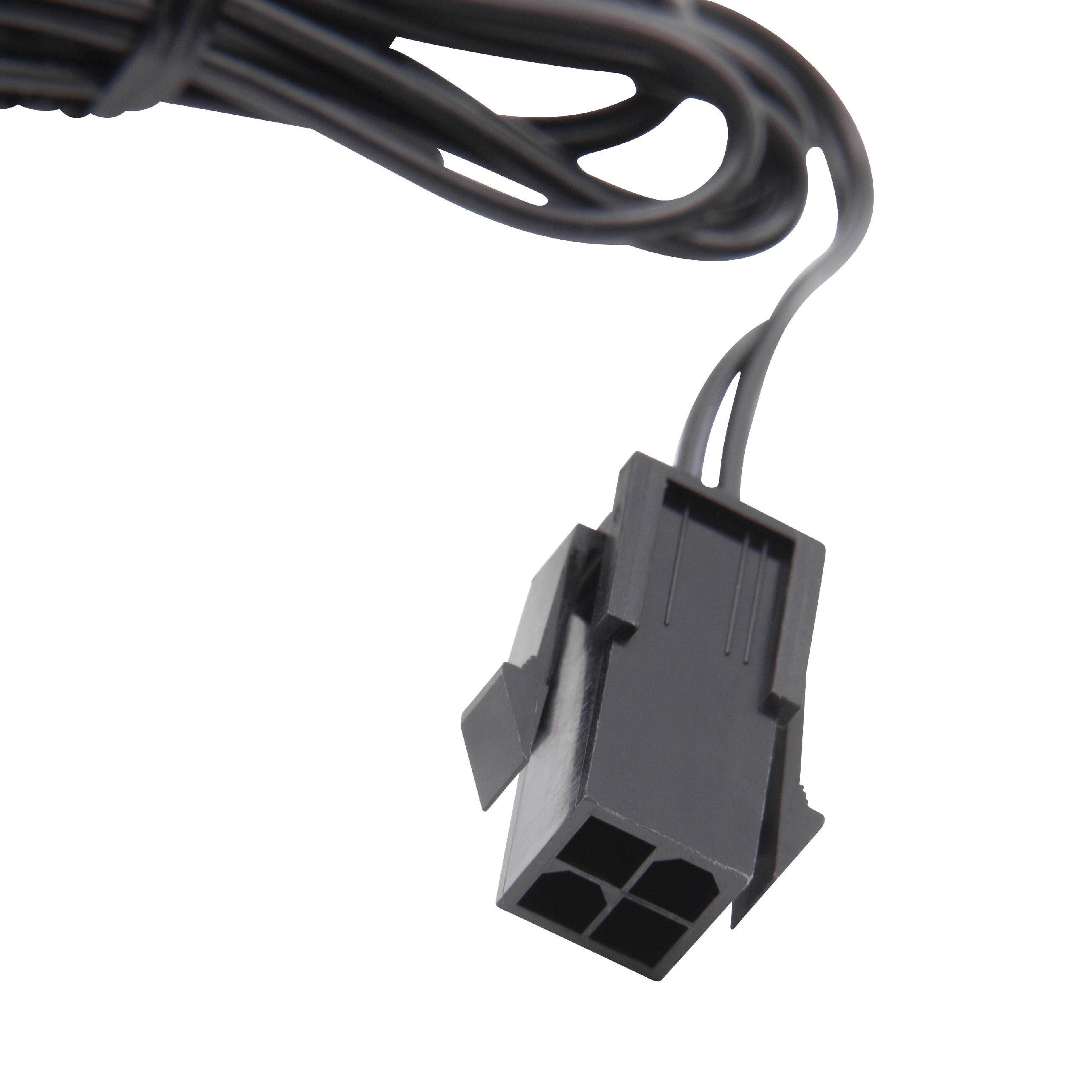 Schwarzer 4-poliger Stromstecker mit angeschlossenem Kabel auf weißem Hintergrund, in Nahaufnahme dargestellt.