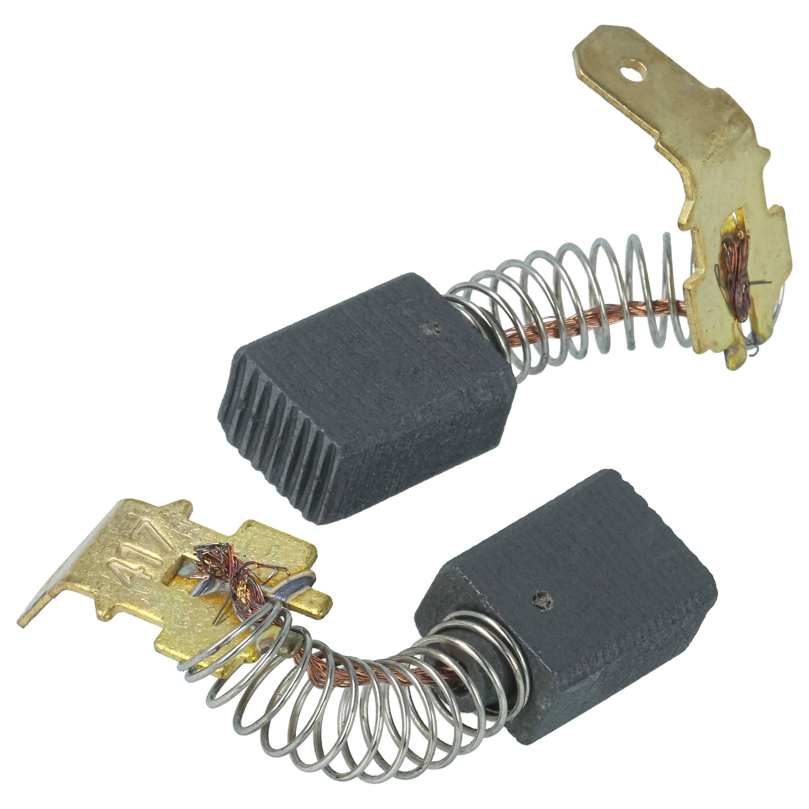 Zwei Kohlebürsten für Motoren mit Spiralfeder und Metallanschlüssen, auf weißem Hintergrund isoliert dargestellt.