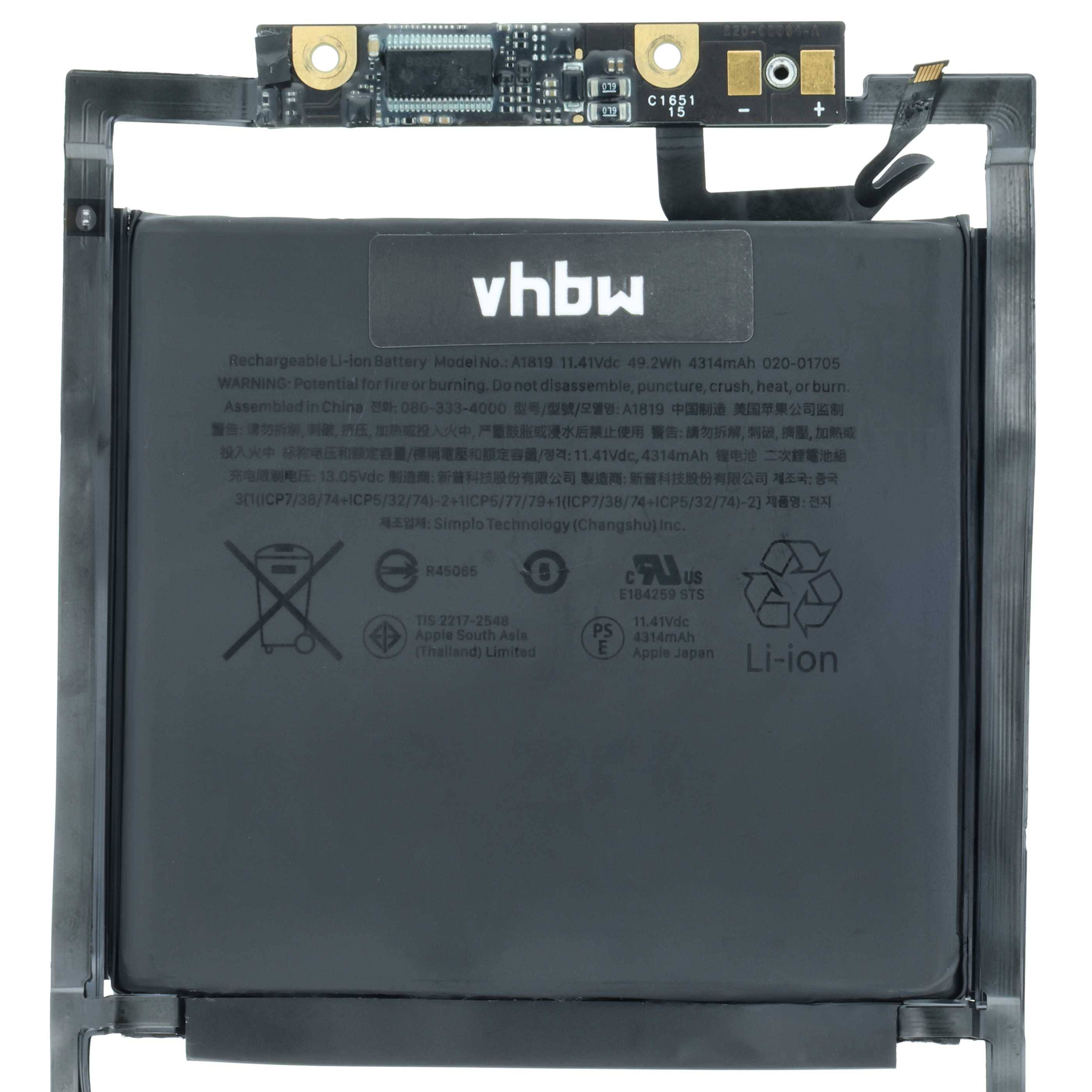 Ein rechteckiger Lithium-Ionen-Akku mit eingebautem Schaltkreis und Stecker, beschriftet mit „vhbw