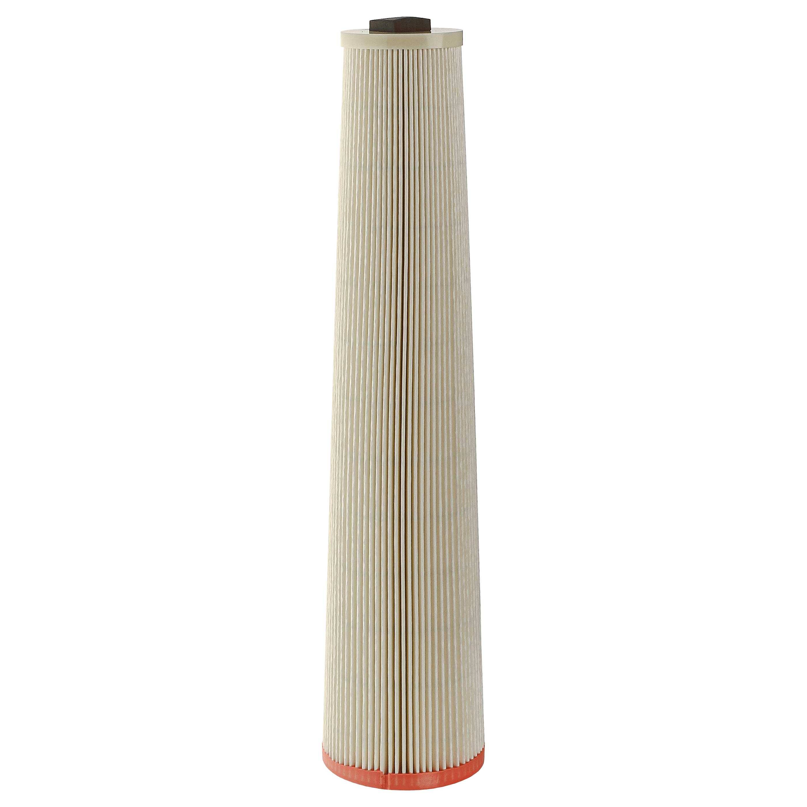 Ein beiger, zylindrischer Filter mit vertikalen Falten und einer orangen Unterkante wird gezeigt, der typischerweise zur Luft- oder Flüssigkeitsfiltration verwendet wird.