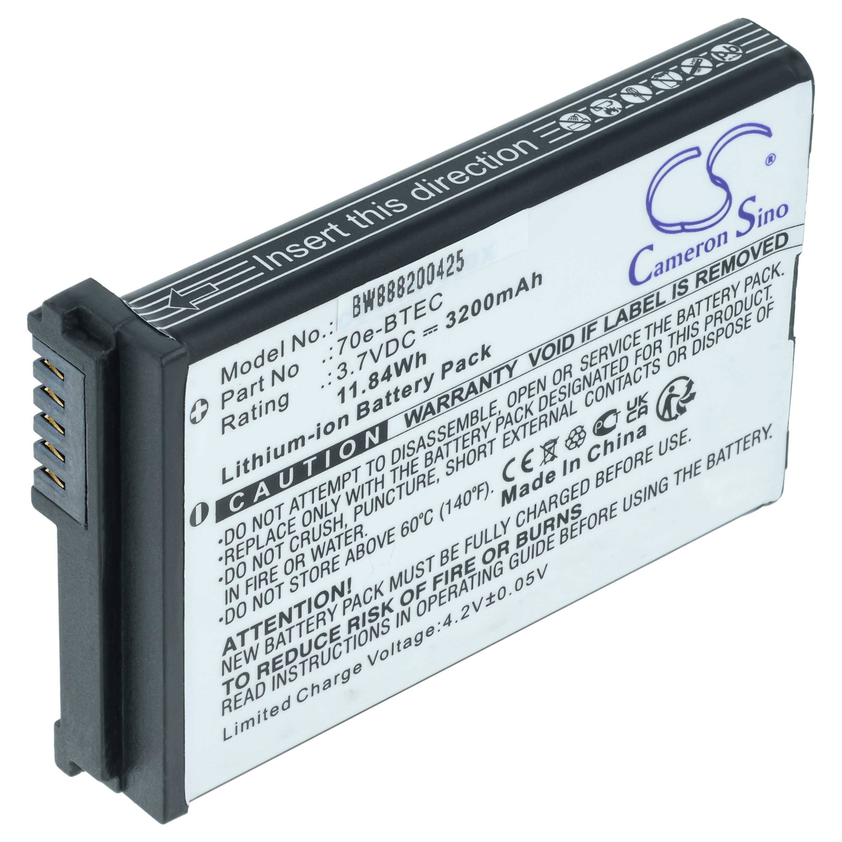 Ein Lithium-Ionen-Akku mit Modellnummer 'BWB88200425' von Cameron Sino; 3,7V DC, 3200mAh. Der Text warnt vor Demontage und unsachgemäßer Entsorgung.