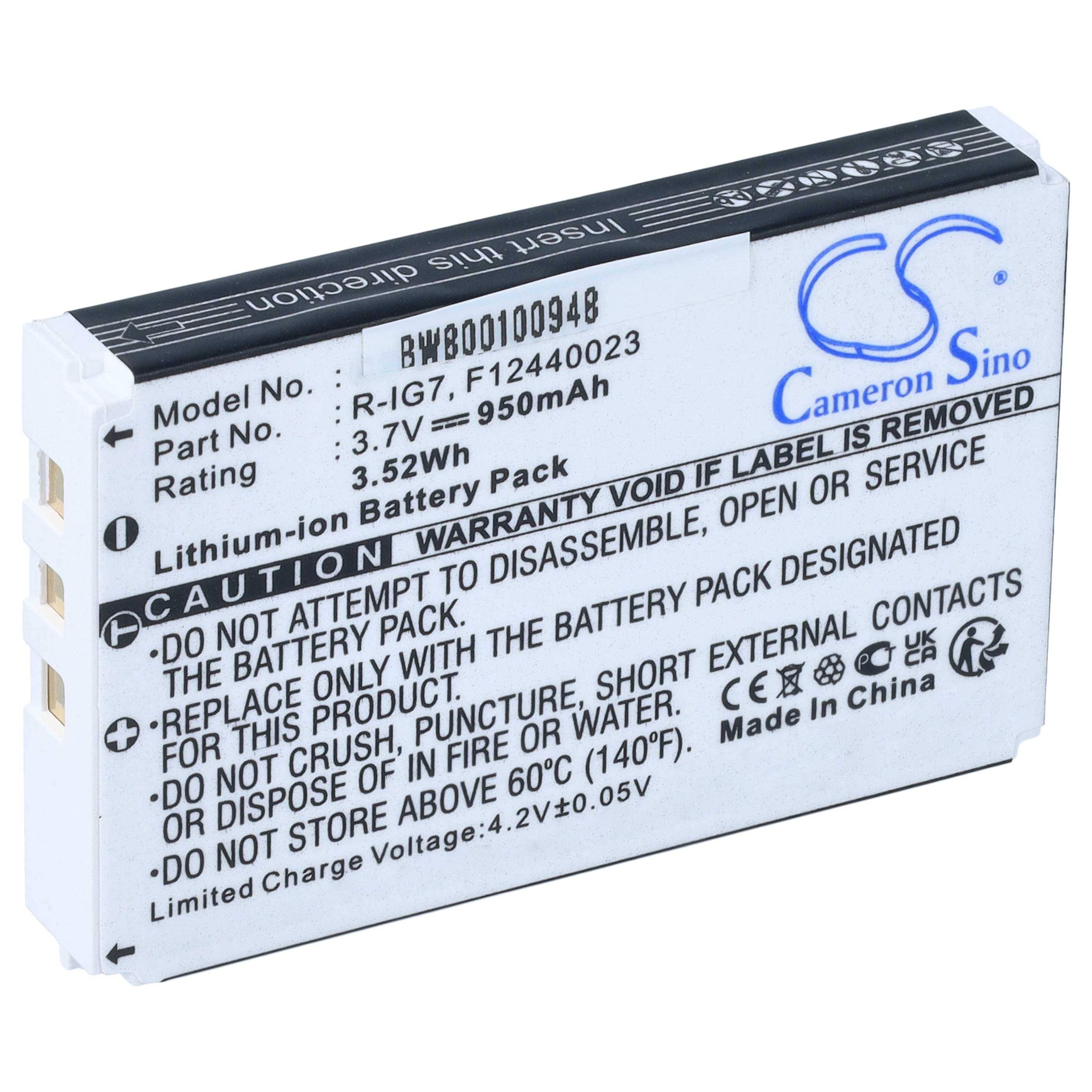 Lithium-Ionen-Kameraakku mit Cameron Sino-Kennzeichnung, 3,7V 950mAh, mit Warn- und Modellinformationen auf der Seite bedruckt.