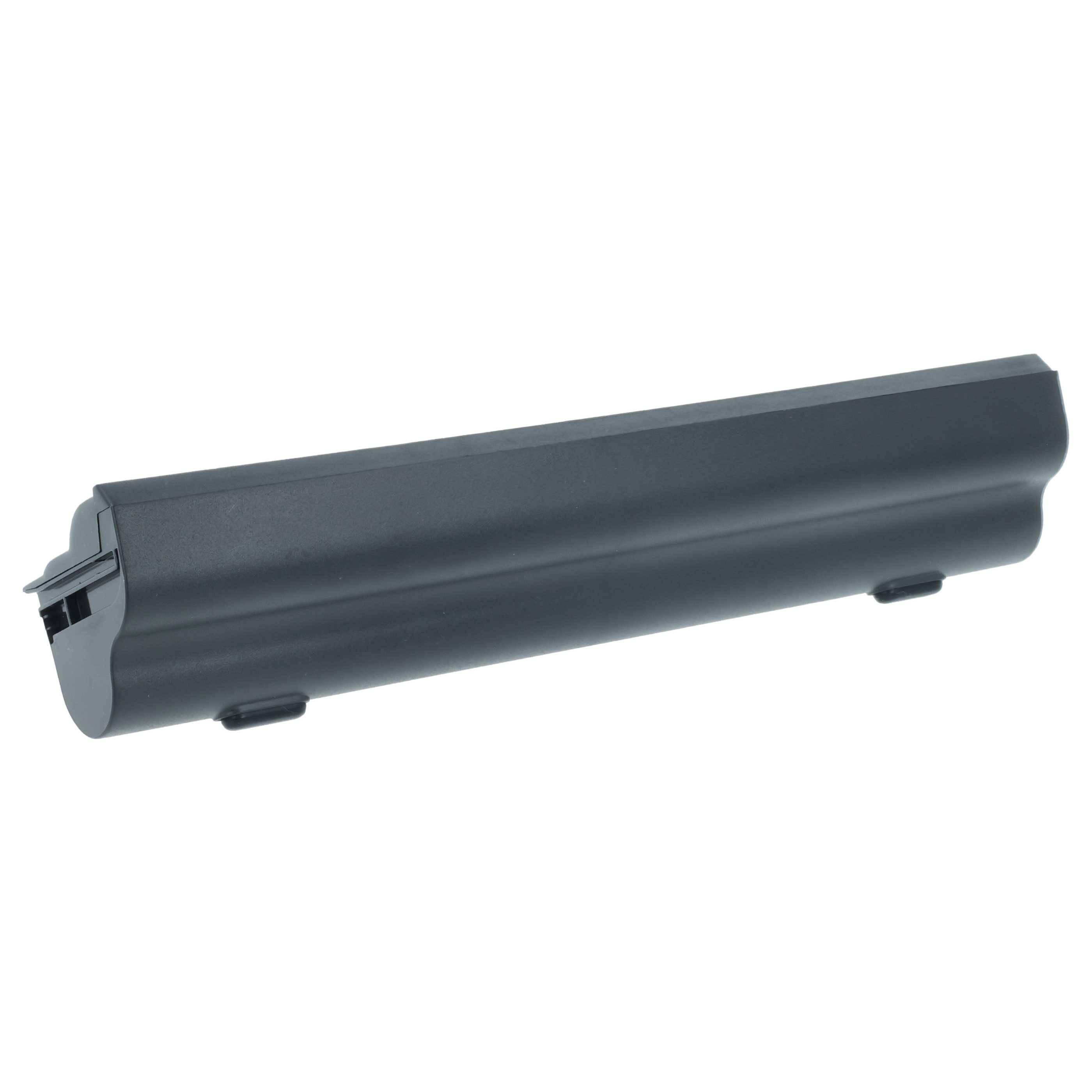 Eine schwarze rechteckige Laptop-Batterie mit glatter Oberfläche, die zwei Kontaktpunkte an einer Seite für Konnektivität aufweist.