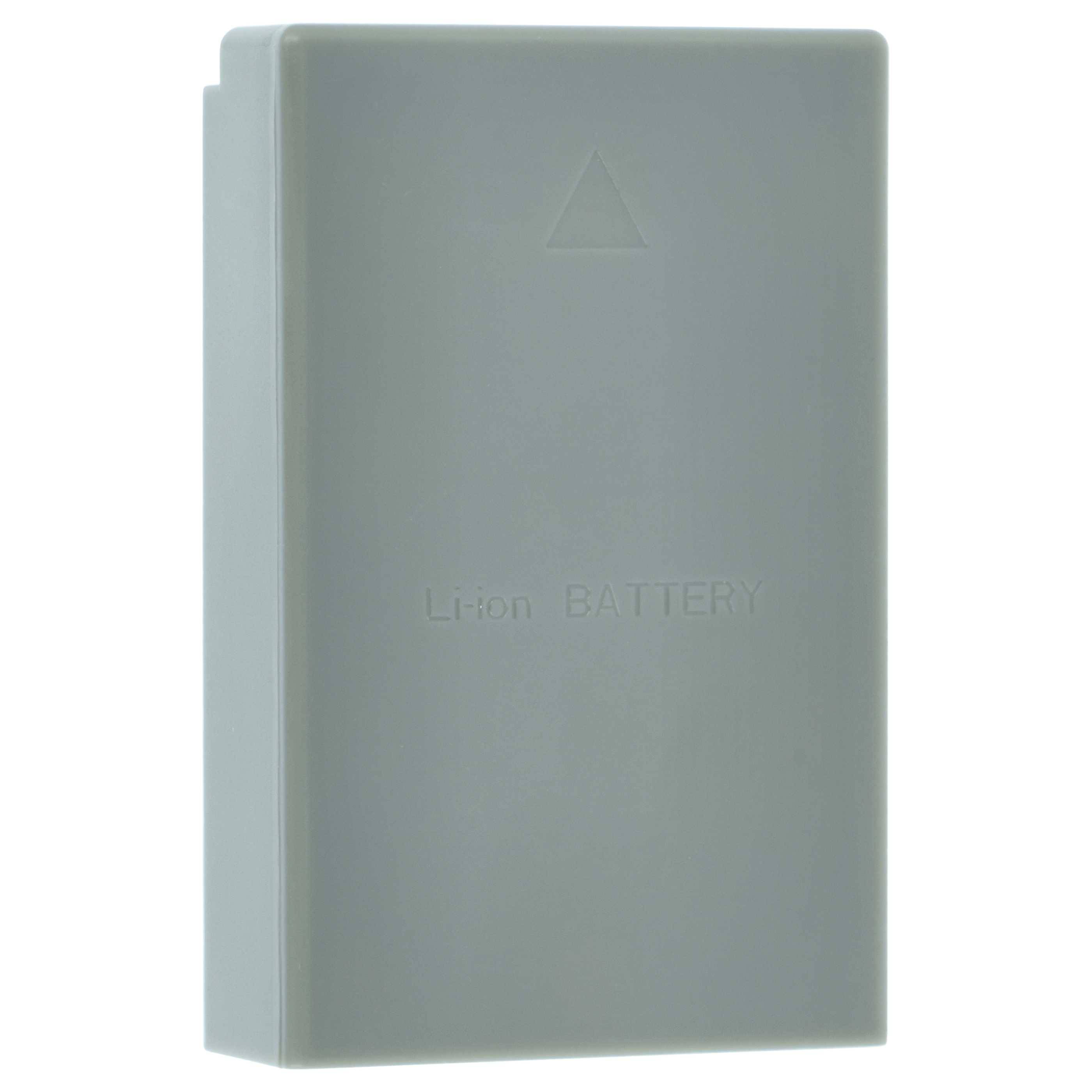 Eine rechteckige Lithium-Ionen-Batterie in einem hellgrauem Gehäuse mit einem kleinen Dreieck-Symbol und den Worten 