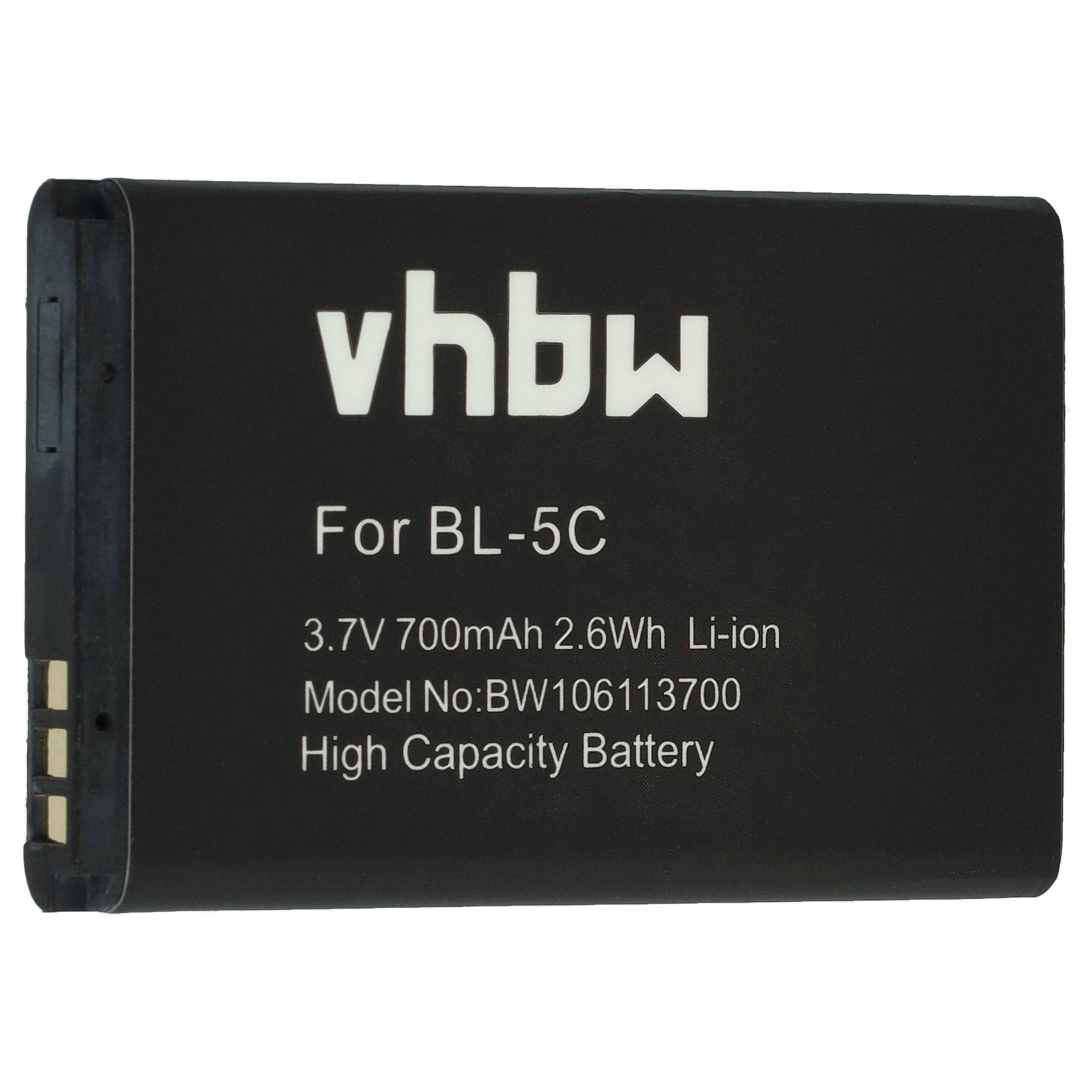 Ein rechteckiger Lithium-Ionen-Akku mit der Aufschrift „vhbw für BL-5C, 3,7V 700mAh 2,6Wh, Modellnummer: BW106113700, Hochleistungsakku