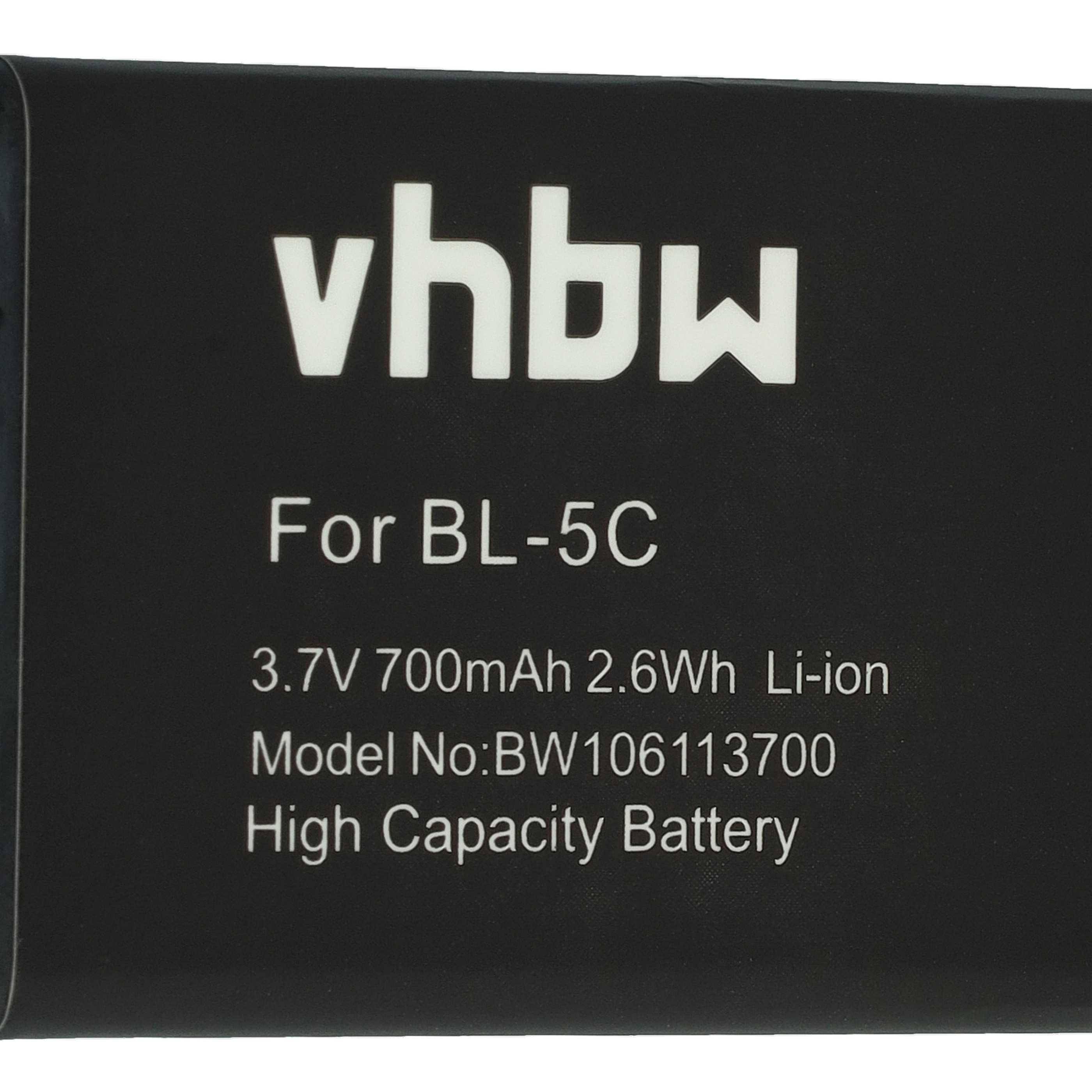Akku für BL-5C mit 3,7V, 700mAh, 2,6Wh Li-Ionen. Modell: BW106113700, gekennzeichnet als hohe Kapazität.