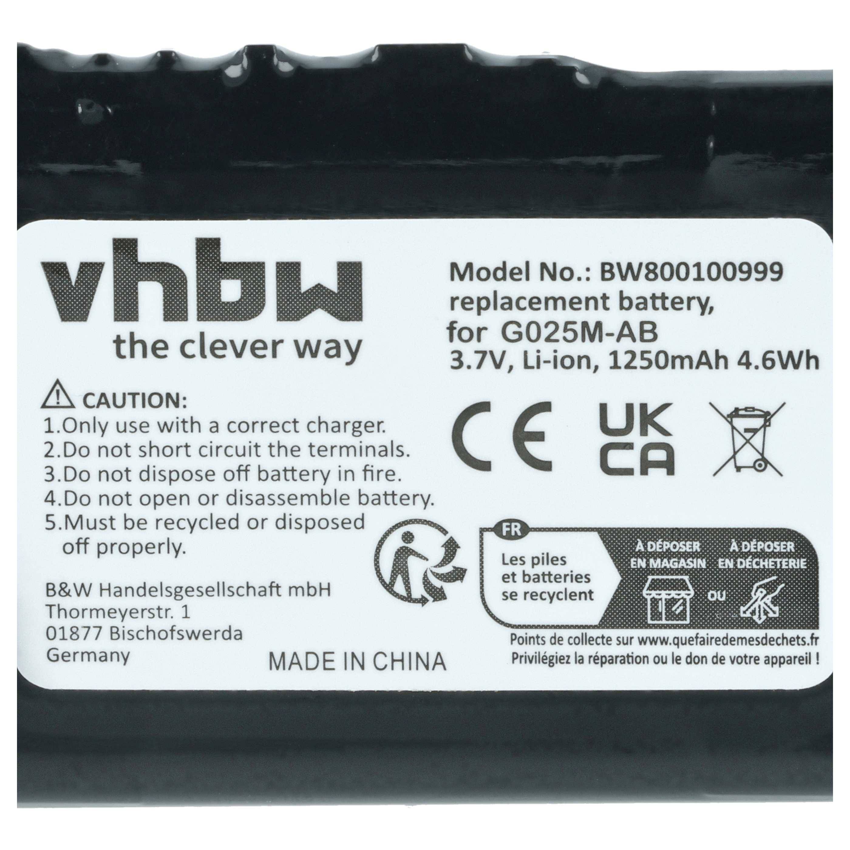 Ersatzbatterie für G025M-AB, 3,7V, Li-Ion, 1250mAh. Sicherheitshinweise: Verwenden Sie nur das richtige Ladegerät, vermeiden Sie Kurzschlüsse, entsorgen Sie die Batterie sachgemäß. Hergestellt in China.