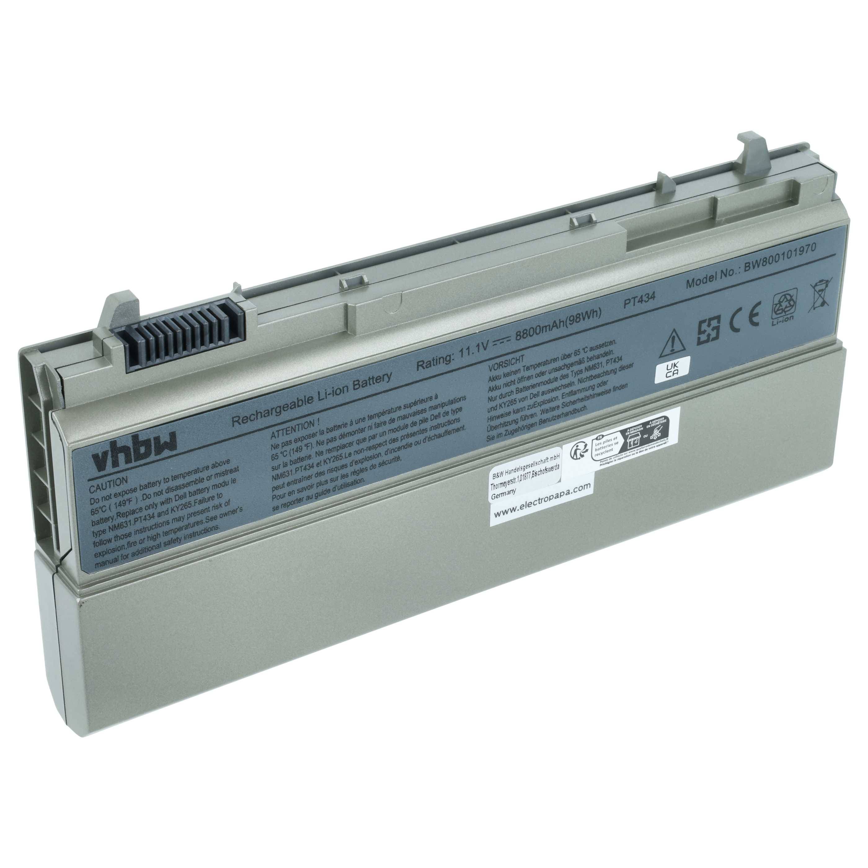 Eine rechteckige vhbw Lithium-Ionen-Akku mit folgenden Spezifikationen: 11,1V, 8800mAh und 97,68Wh. Der Akku ist mit Sicherheitswarnhinweisen gekennzeichnet.