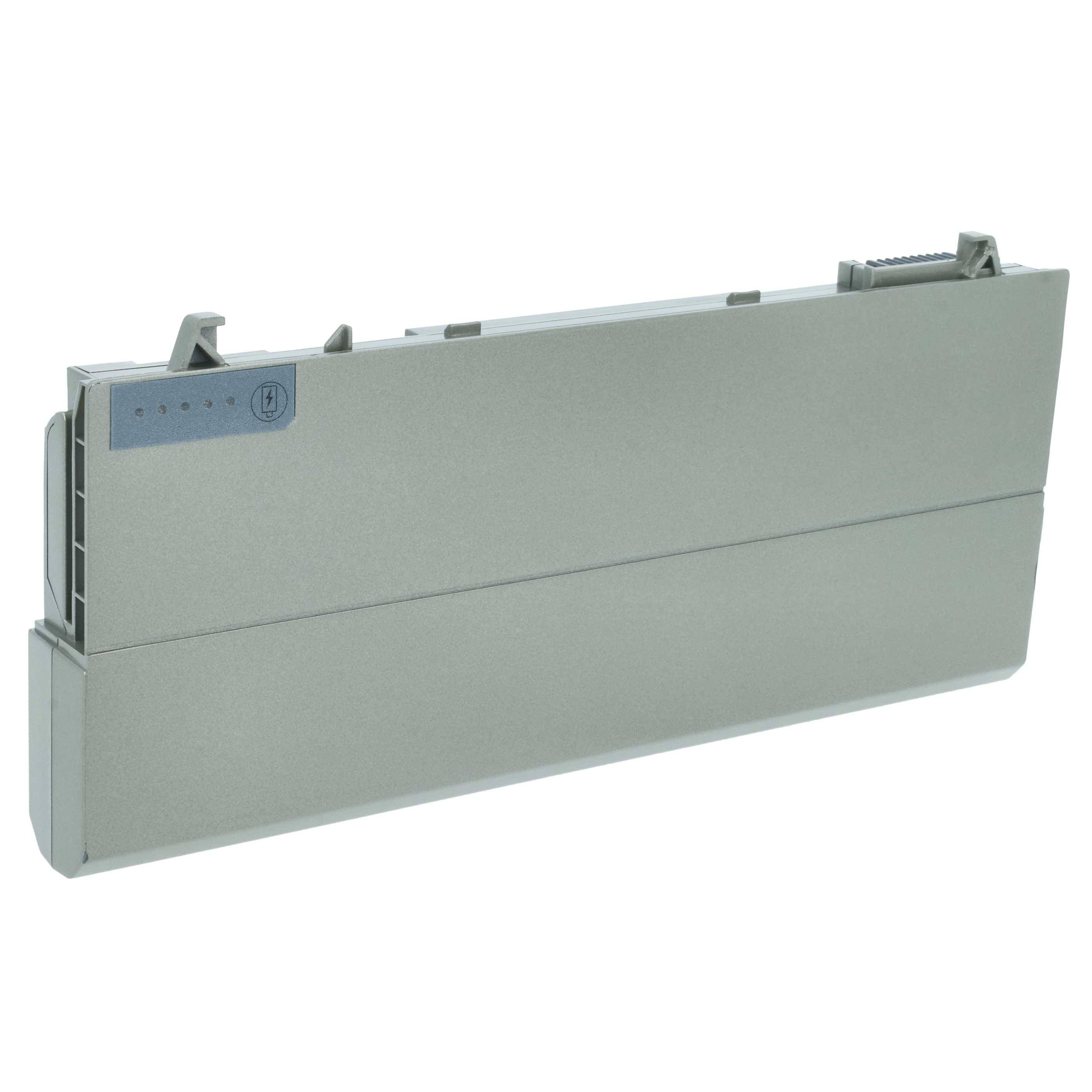 Ein dünnes, rechteckiges Akku-Pack mit gebürsteter Metalloberfläche, ausgestattet mit einem Anschluss oben und einem kleinen LED-Indikatorfeld.